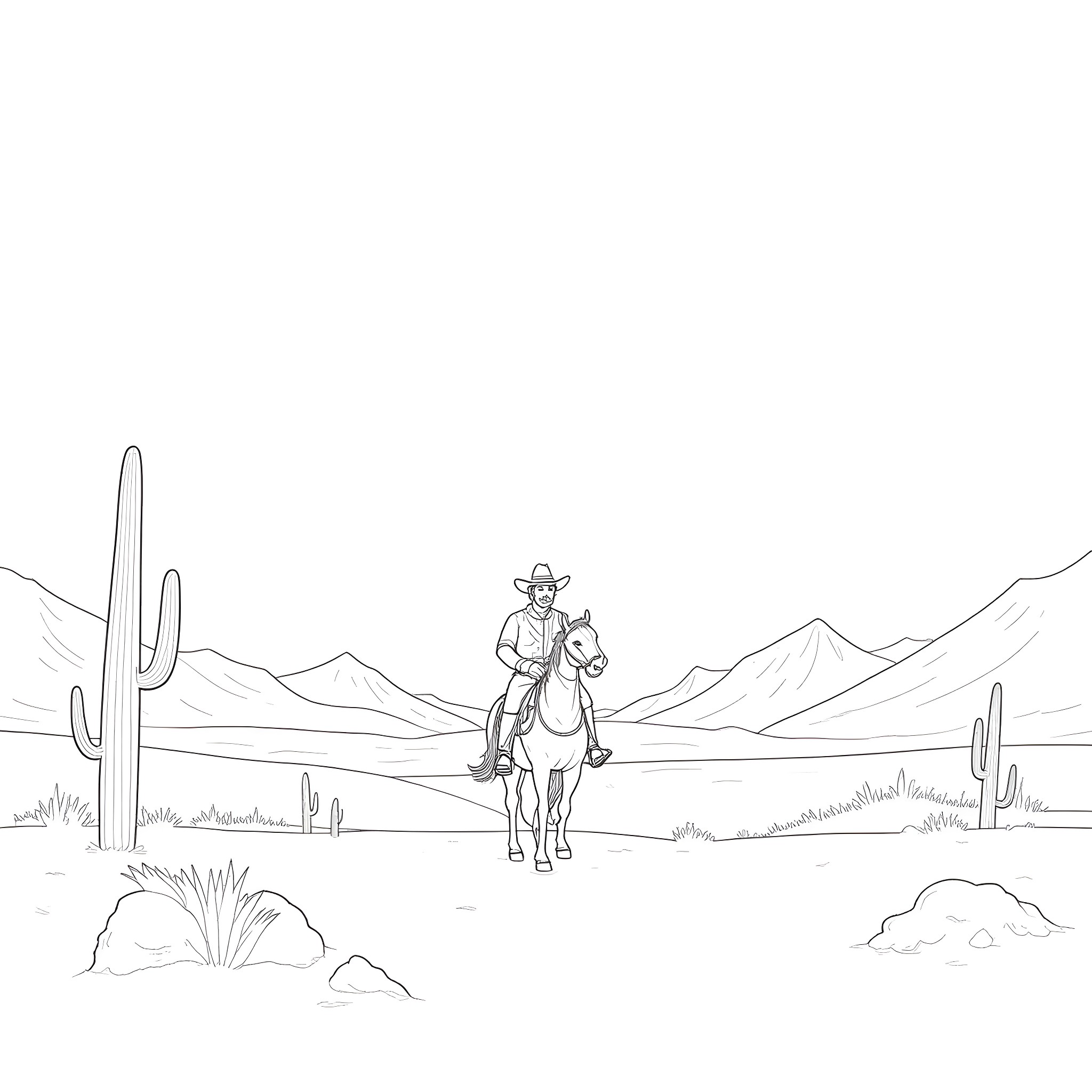 Cowboy riding horse in desert landscape Coloring Page (free black-and-white line drawing printable PDF for all, from beginners to advanced learners, including children, teens, adults, and seniors)