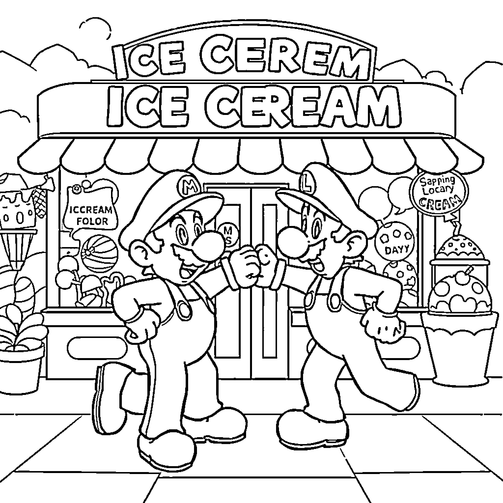 Mario and Friends Enjoy an Ice Cream Outing Coloring Page (free black-and-white line drawing printable PDF for all, from beginners to advanced learners, including children, teens, adults, and seniors)