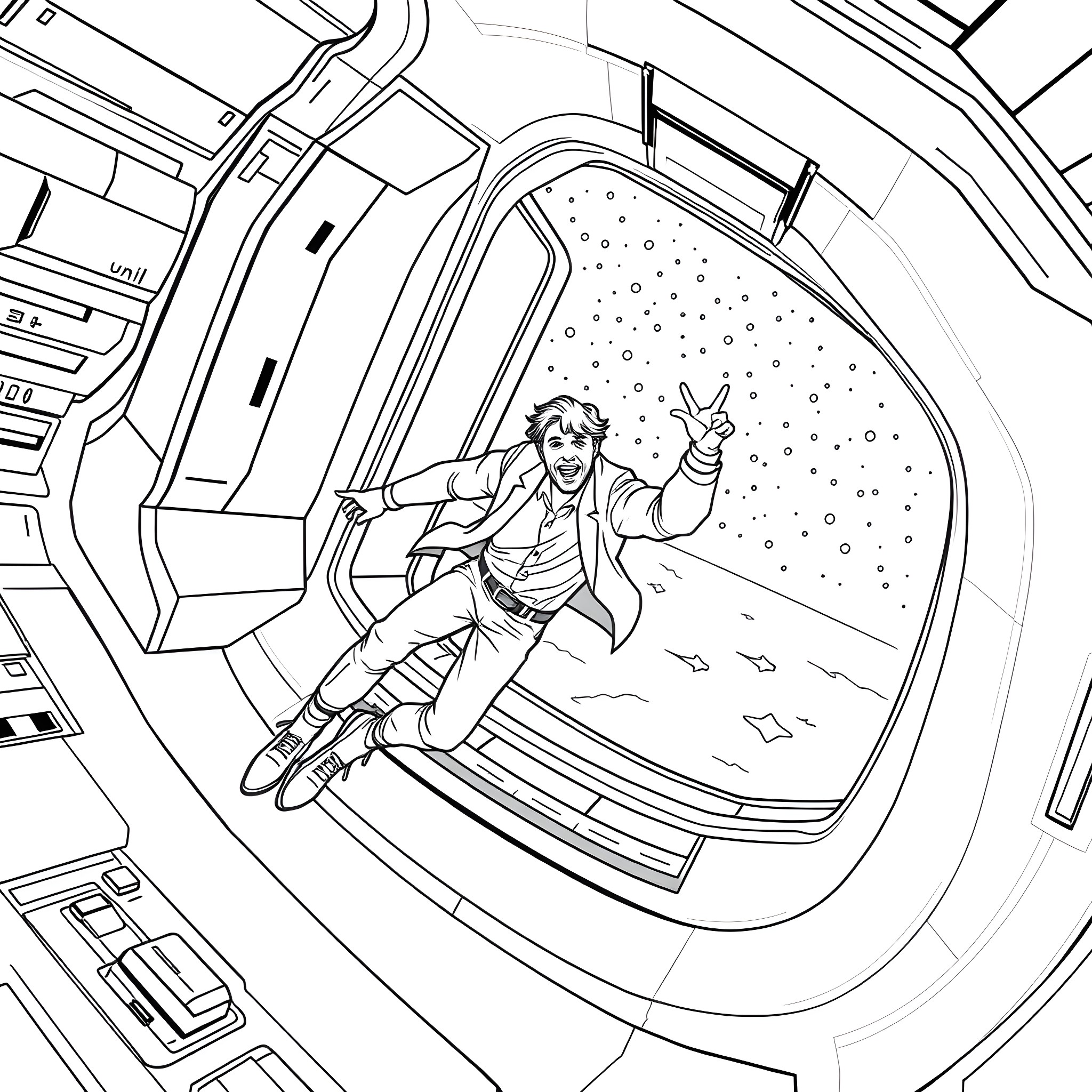 Man floating weightlessly in space Coloring Page (free black-and-white line drawing printable PDF for all, from beginners to advanced learners, including children, teens, adults, and seniors)