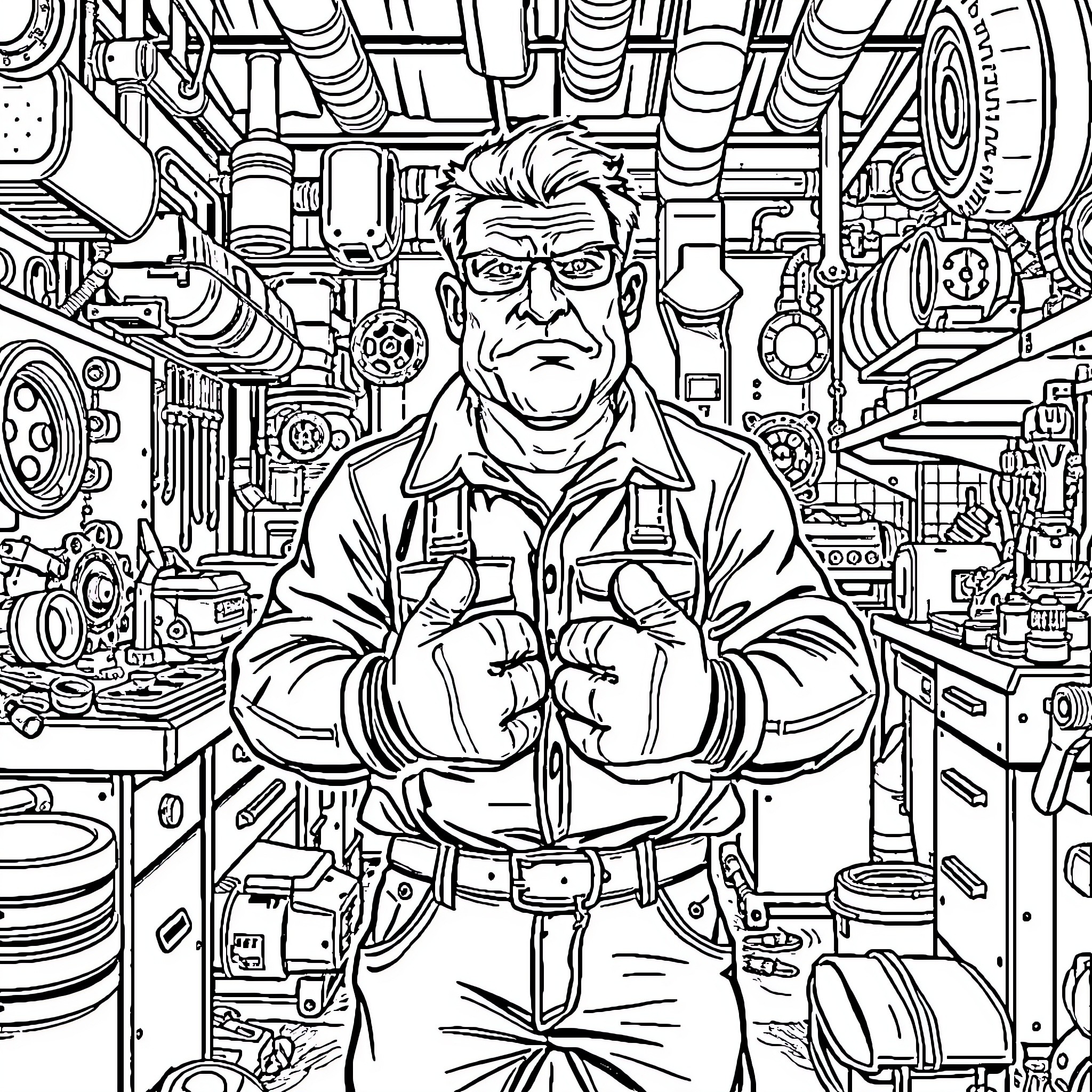 Man working diligently in his mechanical workshop Coloring Page (free black-and-white line drawing printable PDF for all, from beginners to advanced learners, including children, teens, adults, and seniors)