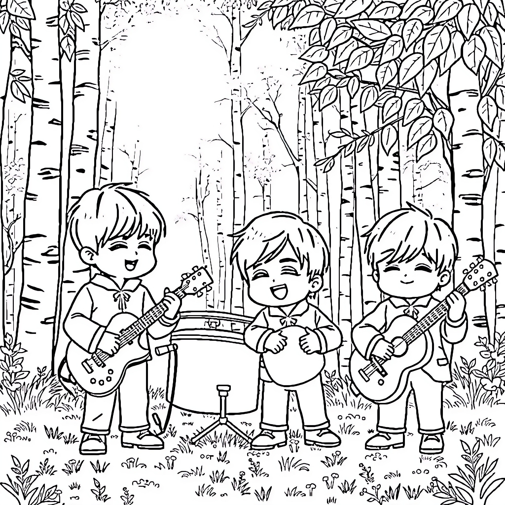 Beatles-inspired cartoon boys playing music in forest Coloring Page (free black-and-white line drawing printable PDF for all, from beginners to advanced learners, including children, teens, adults, and seniors)