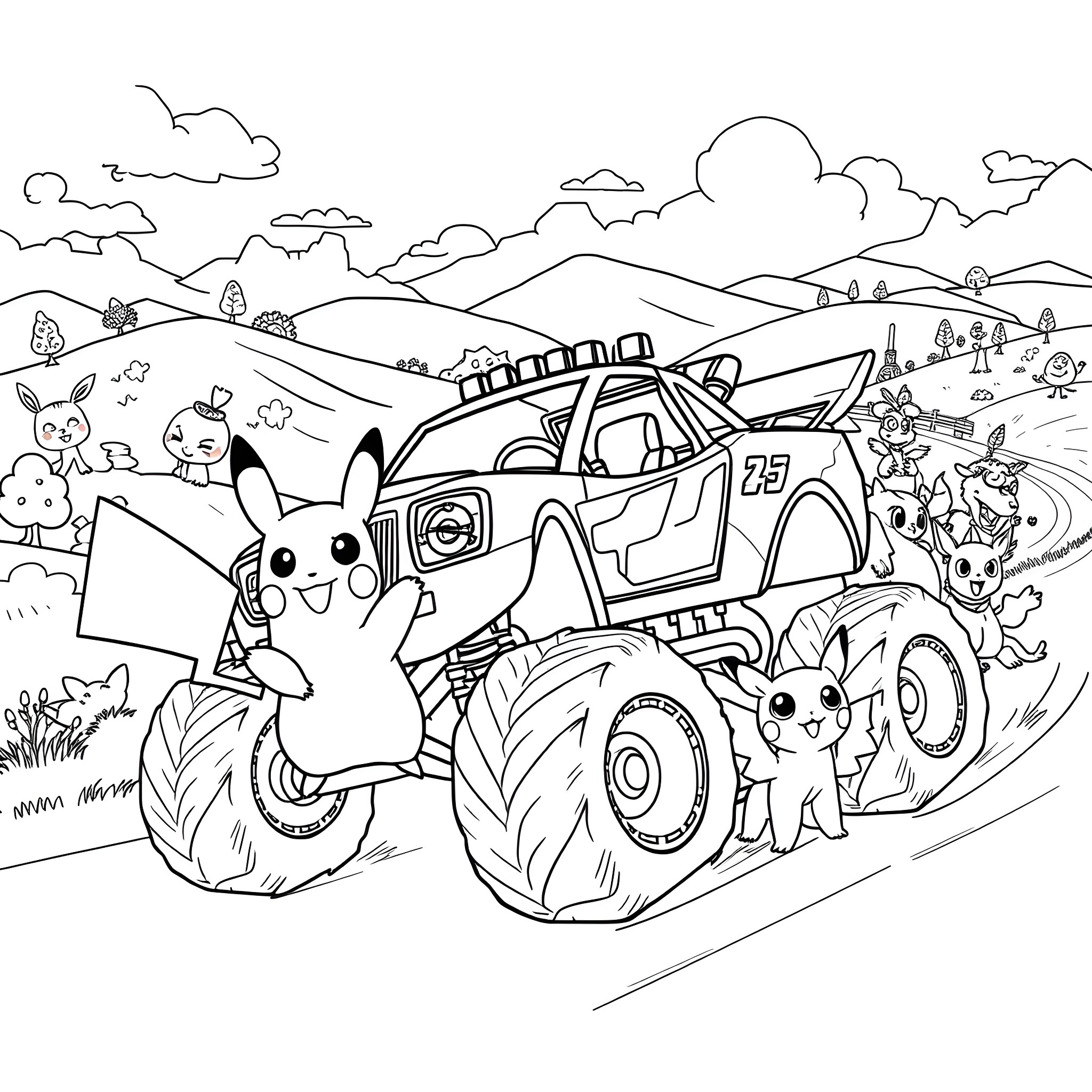 Blaze's Adventurous Monster Truck Expedition Coloring Page (free black-and-white line drawing printable PDF for all, from beginners to advanced learners, including children, teens, adults, and seniors)