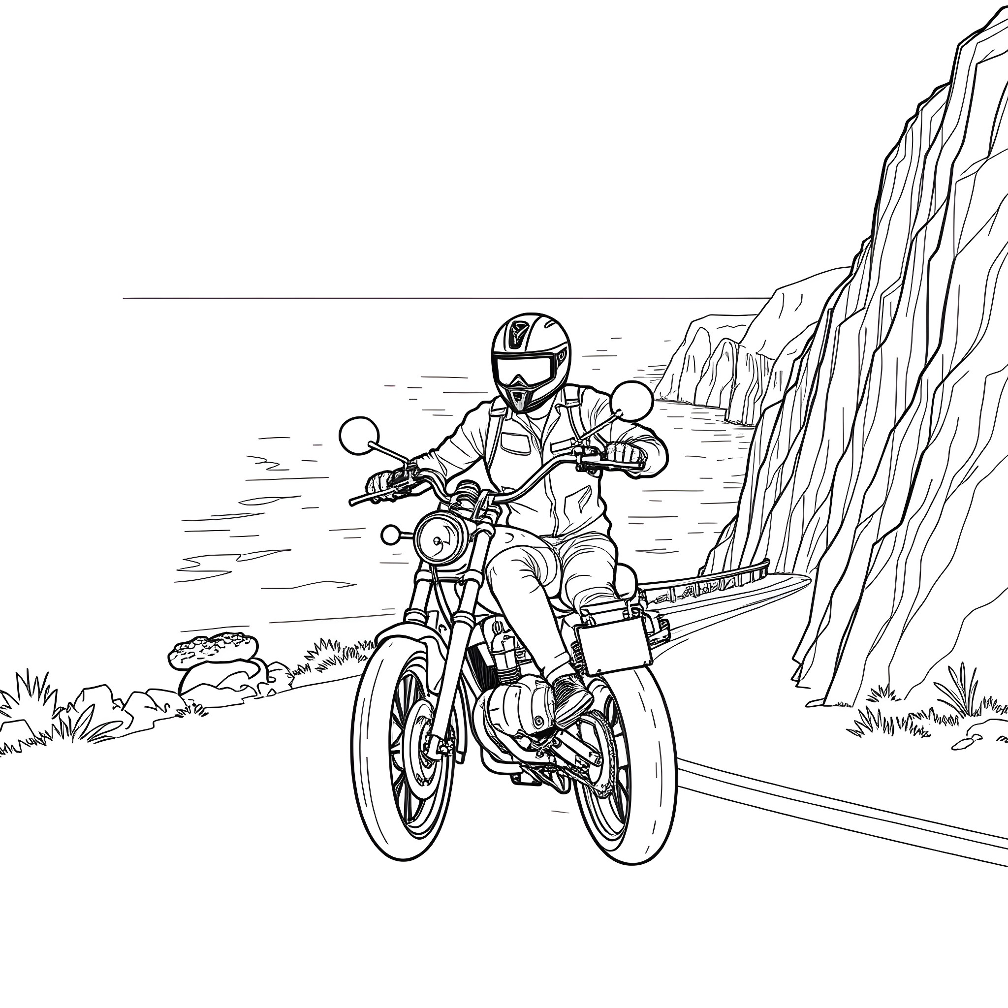 Adam Reimann riding a motorcycle on a winding road Coloring Page (free black-and-white line drawing printable PDF for all, from beginners to advanced learners, including children, teens, adults, and seniors)