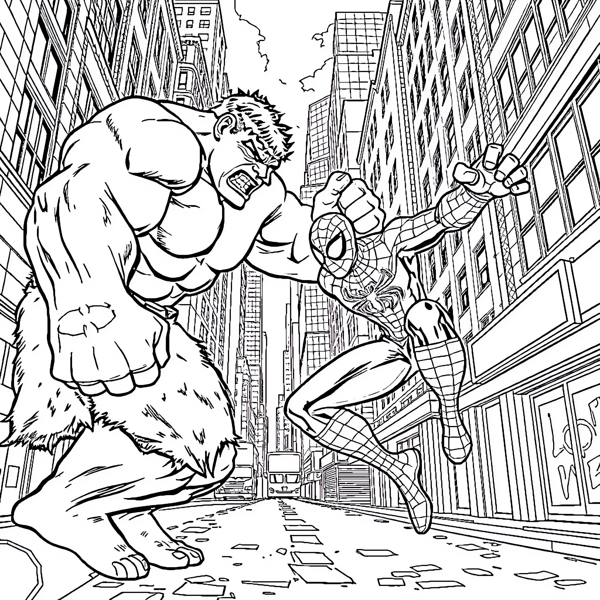 Spiderman battles the Hulk in a city street Coloring Page (free black-and-white line drawing printable PDF for all, from beginners to advanced learners, including children, teens, adults, and seniors)