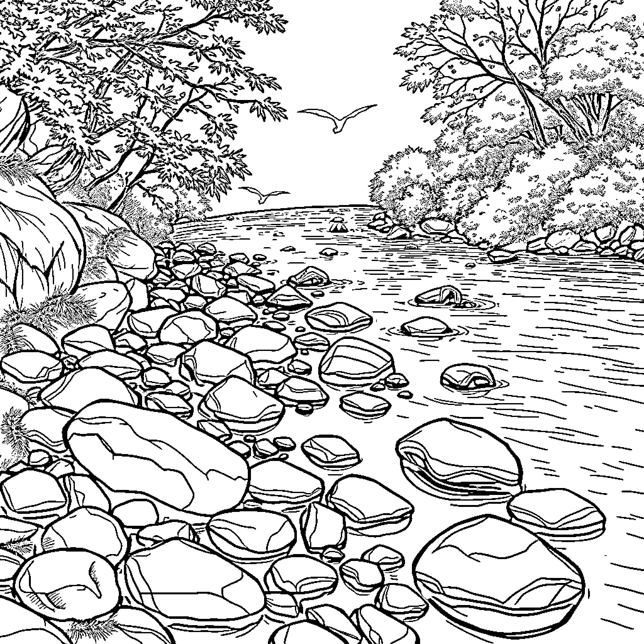 Rock creek in serene forest landscape Coloring Page (free black-and-white line drawing printable PDF for all, from beginners to advanced learners, including children, teens, adults, and seniors)