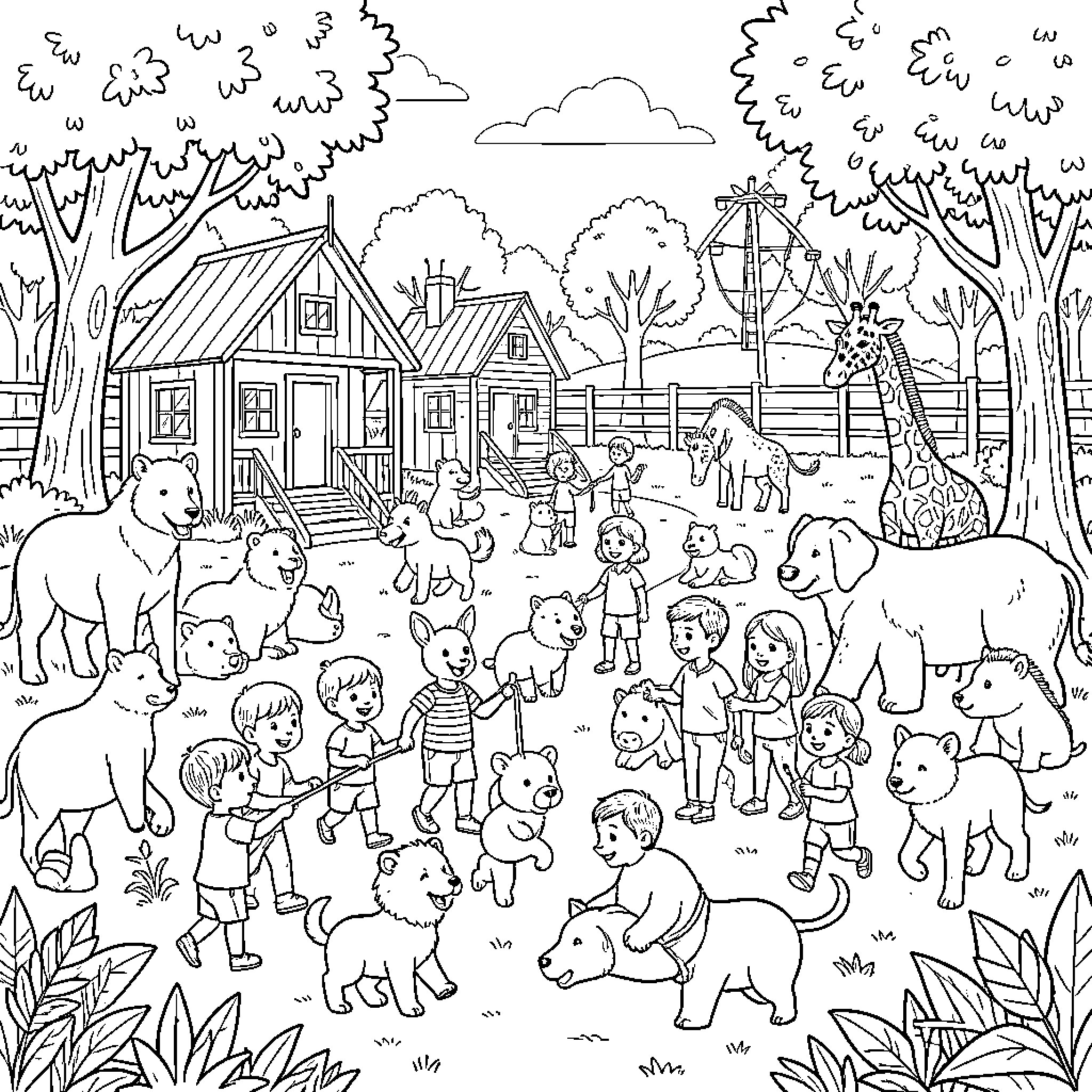 Zoo Filled with Playful Animals and Cheerful Children Coloring Page (free black-and-white line drawing printable PDF for all, from beginners to advanced learners, including children, teens, adults, and seniors)