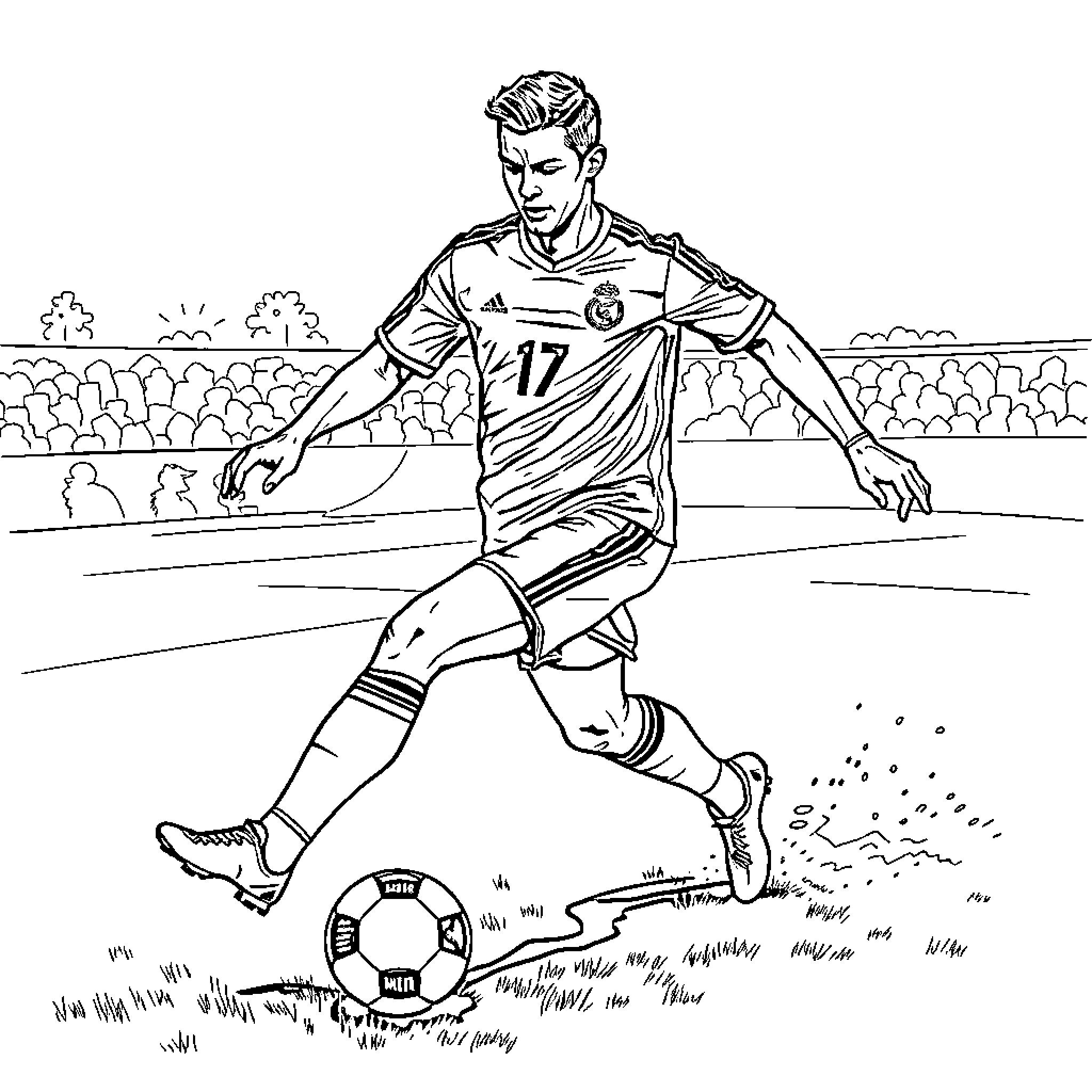Ronaldo Kicking Soccer Ball on Grass Field Coloring Page (free black-and-white line drawing printable PDF for all, from beginners to advanced learners, including children, teens, adults, and seniors)