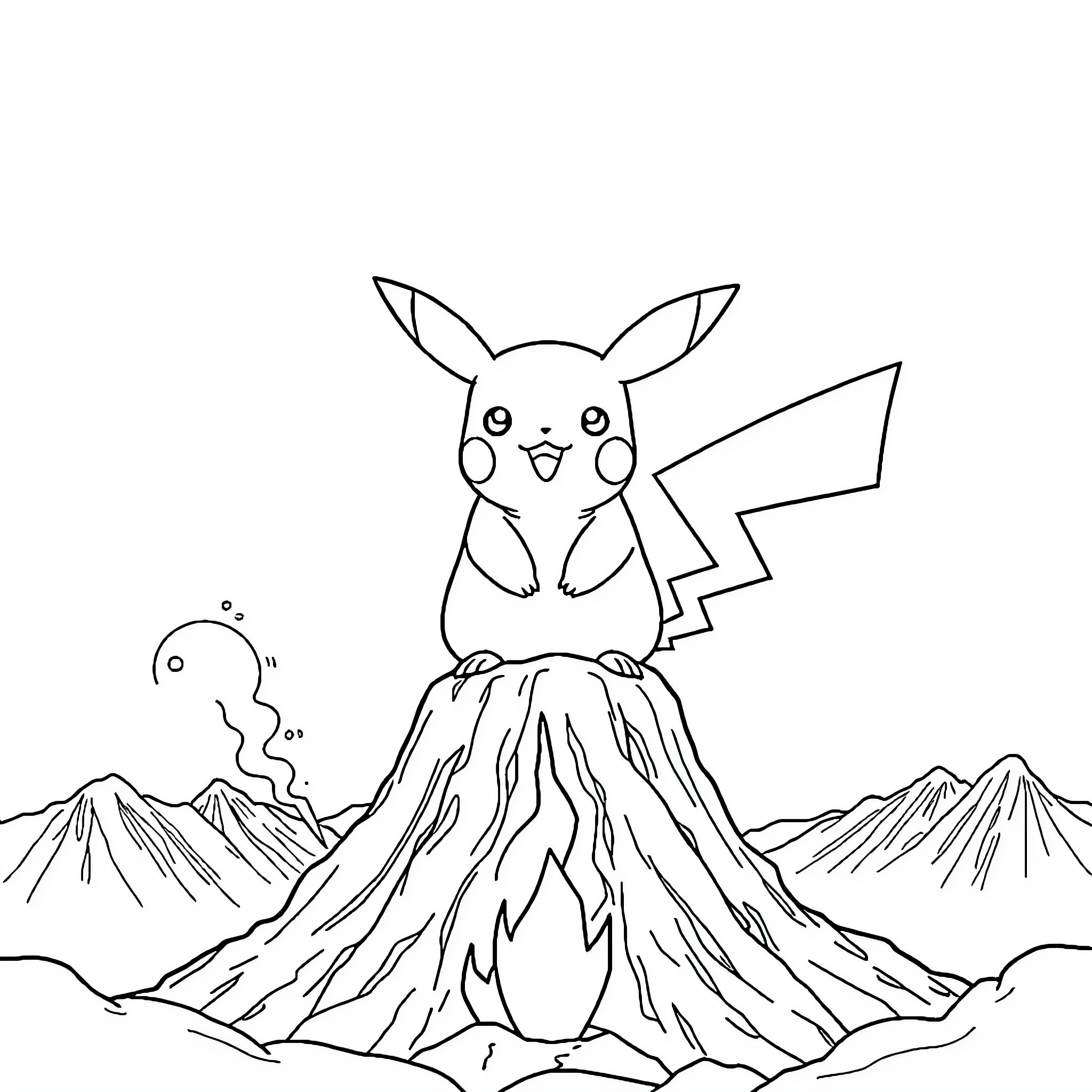 Pikachu Sitting on Volcanic Mountain Coloring Page (free black-and-white line drawing printable PDF for all, from beginners to advanced learners, including children, teens, adults, and seniors)