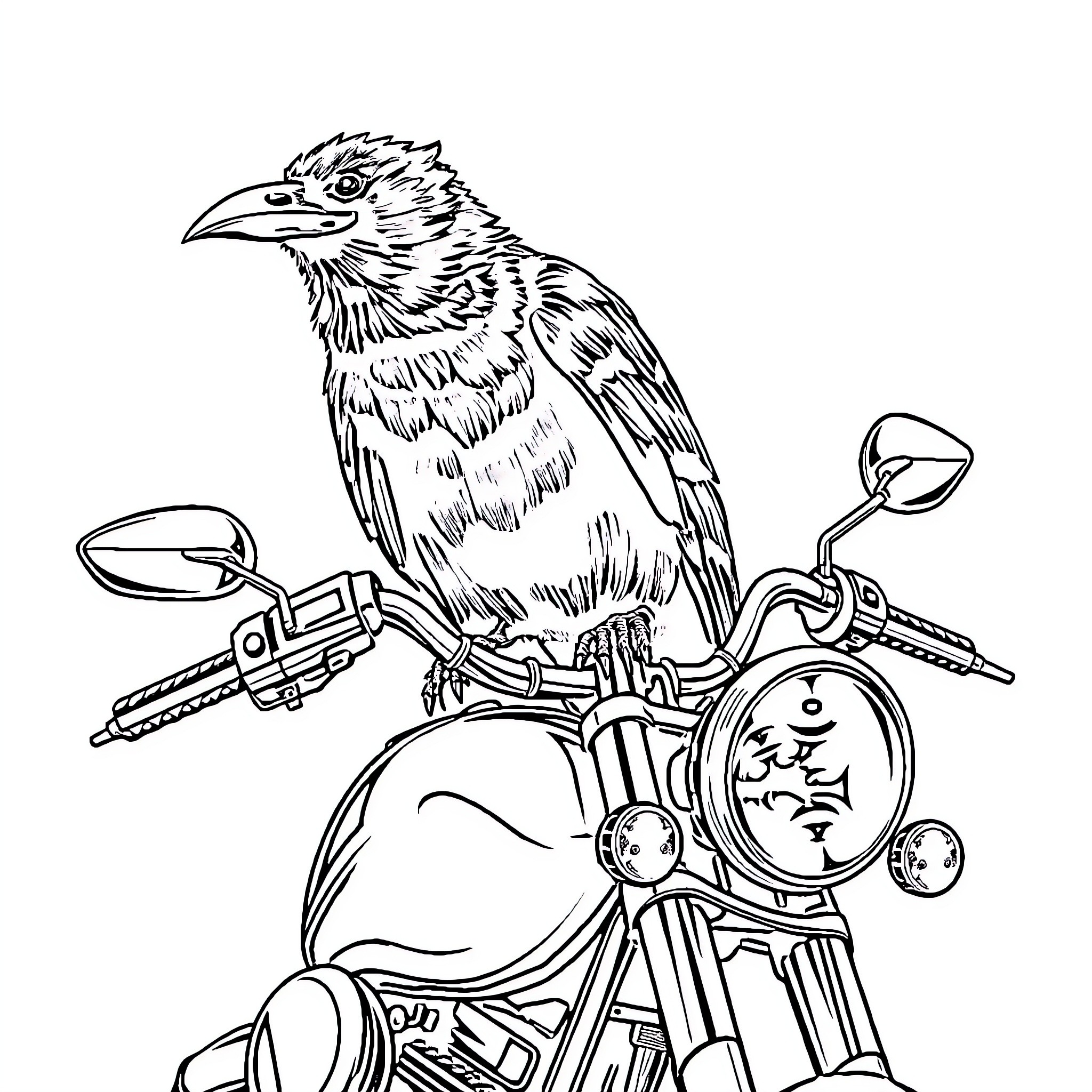 Crow perched atop a motorcycle Coloring Page (free black-and-white line drawing printable PDF for all, from beginners to advanced learners, including children, teens, adults, and seniors)