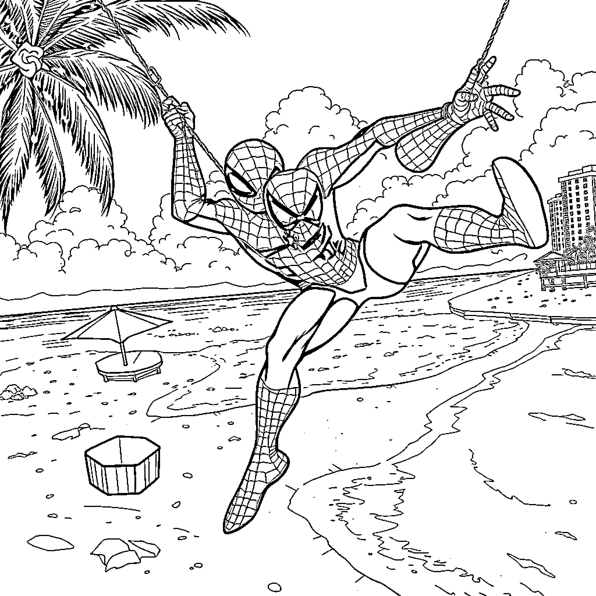 Spider-Man heroically swinging through the city Coloring Page (free black-and-white line drawing printable PDF for all, from beginners to advanced learners, including children, teens, adults, and seniors)