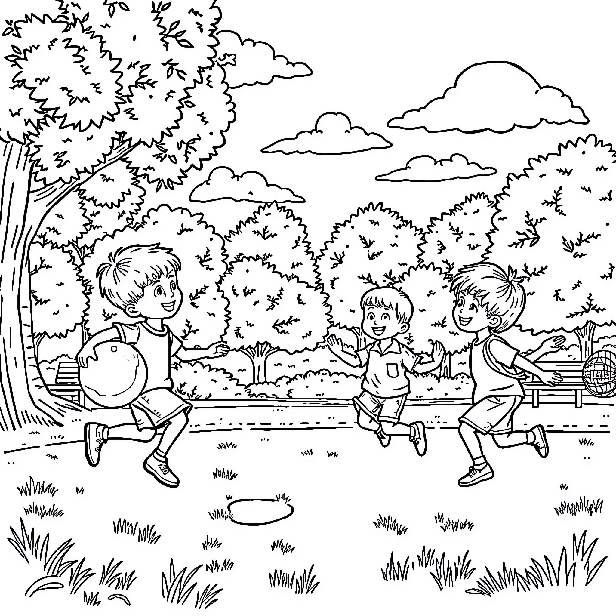 Children playing joyfully in the park Coloring Page (free black-and-white line drawing printable PDF for all, from beginners to advanced learners, including children, teens, adults, and seniors)