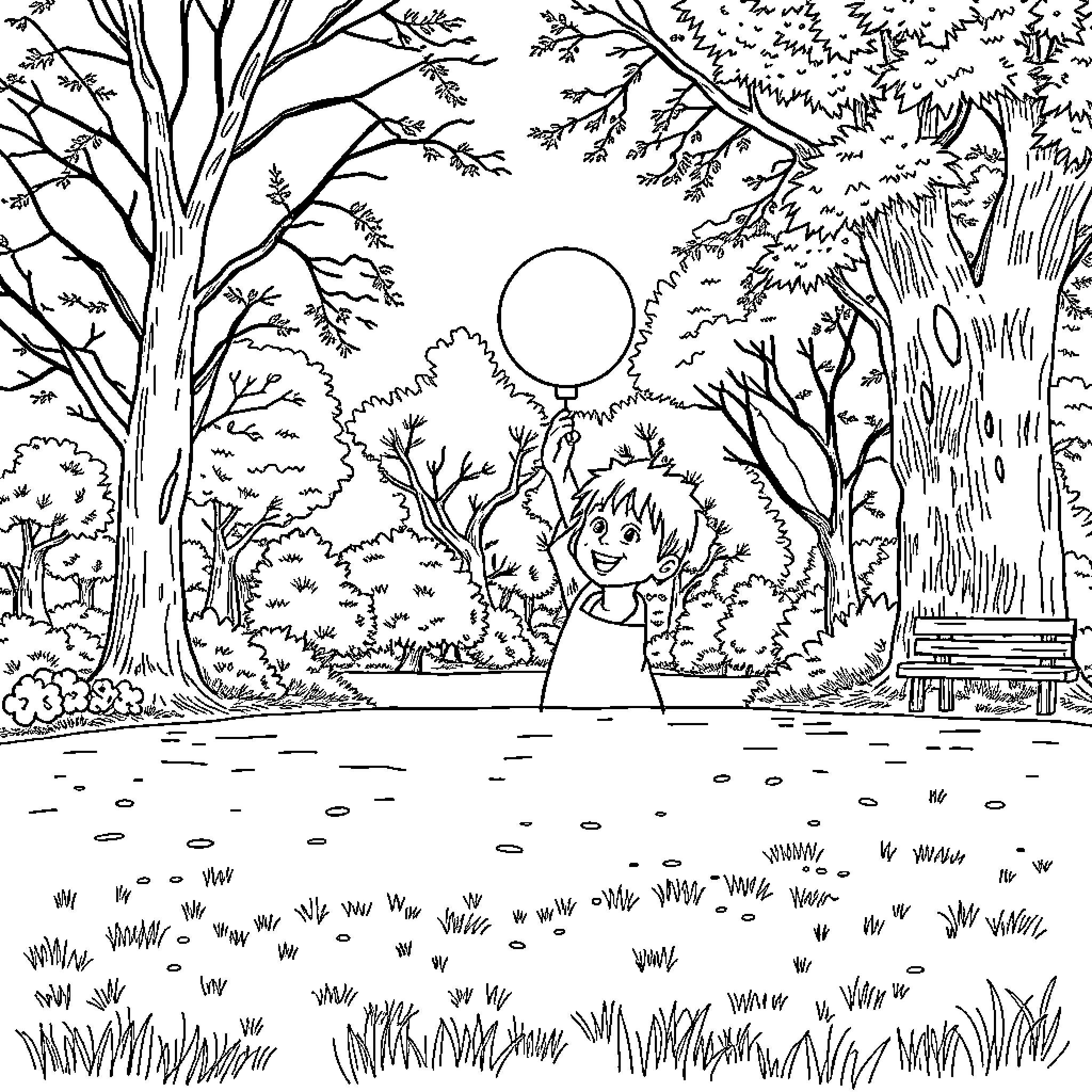 Child playing with balloon in serene forest Coloring Page (free black-and-white line drawing printable PDF for all, from beginners to advanced learners, including children, teens, adults, and seniors)