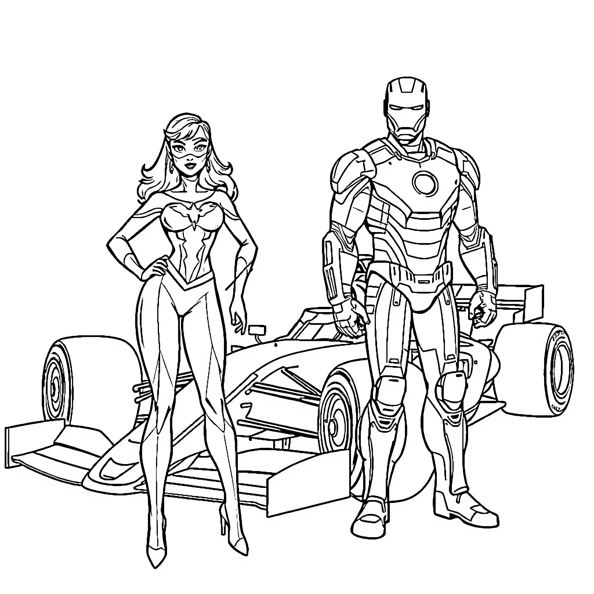 Iron Man and Superhero Heroine in Action Poses Coloring Page (free black-and-white line drawing printable PDF for all, from beginners to advanced learners, including children, teens, adults, and seniors)