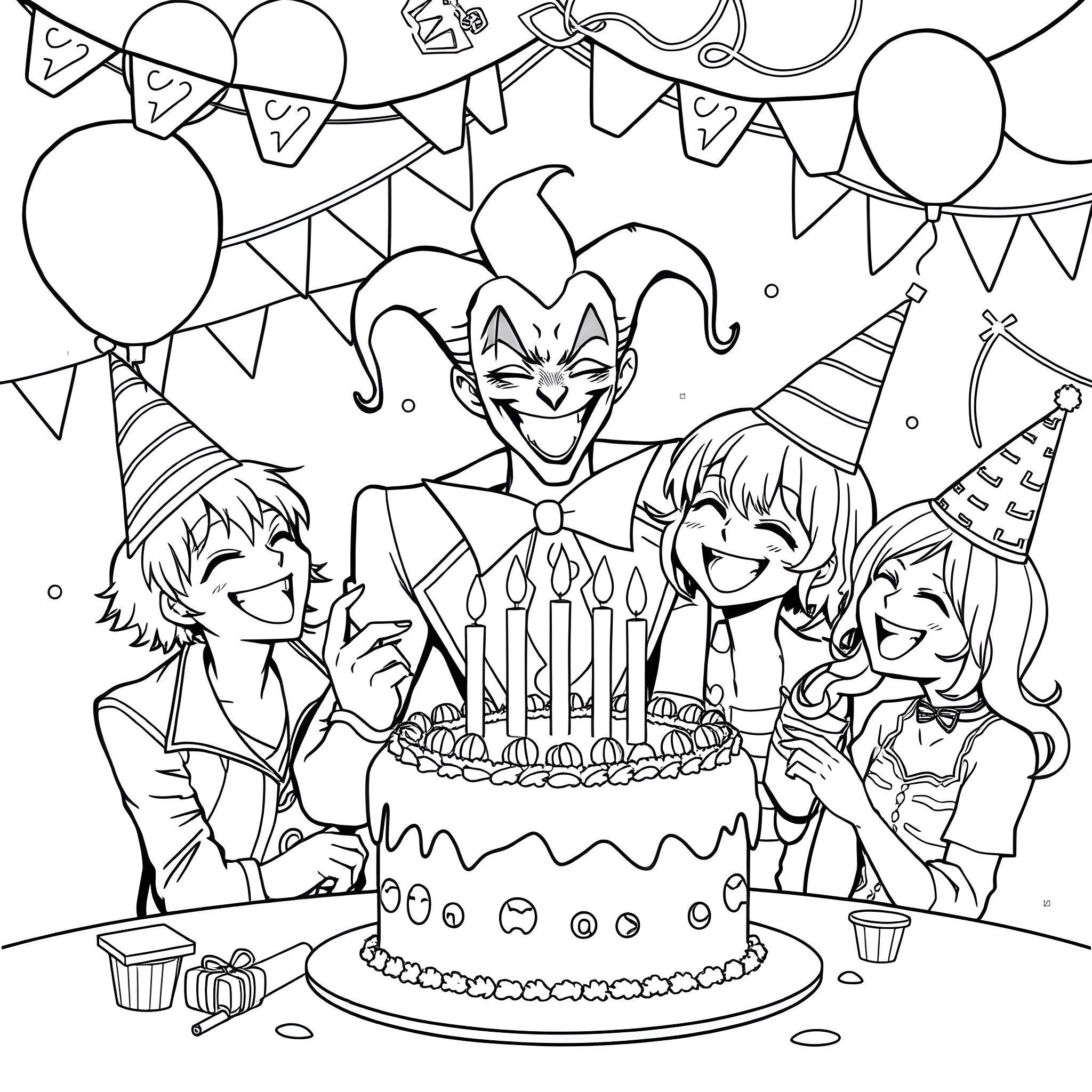 Joker celebrating birthday party with children Coloring Page (free black-and-white line drawing printable PDF for all, from beginners to advanced learners, including children, teens, adults, and seniors)