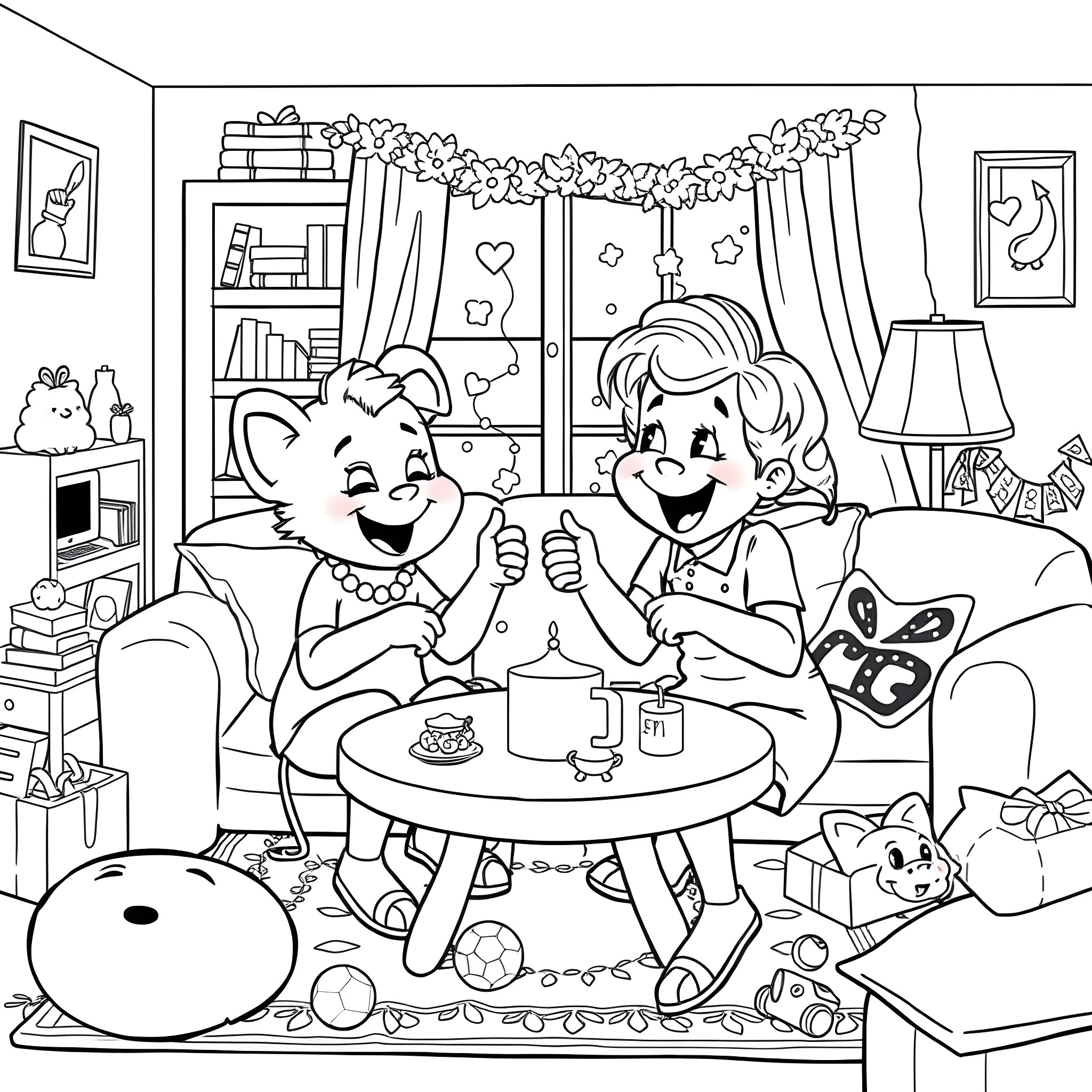 Bluey and friend enjoying a cozy indoor playdate Coloring Page (free black-and-white line drawing printable PDF for all, from beginners to advanced learners, including children, teens, adults, and seniors)