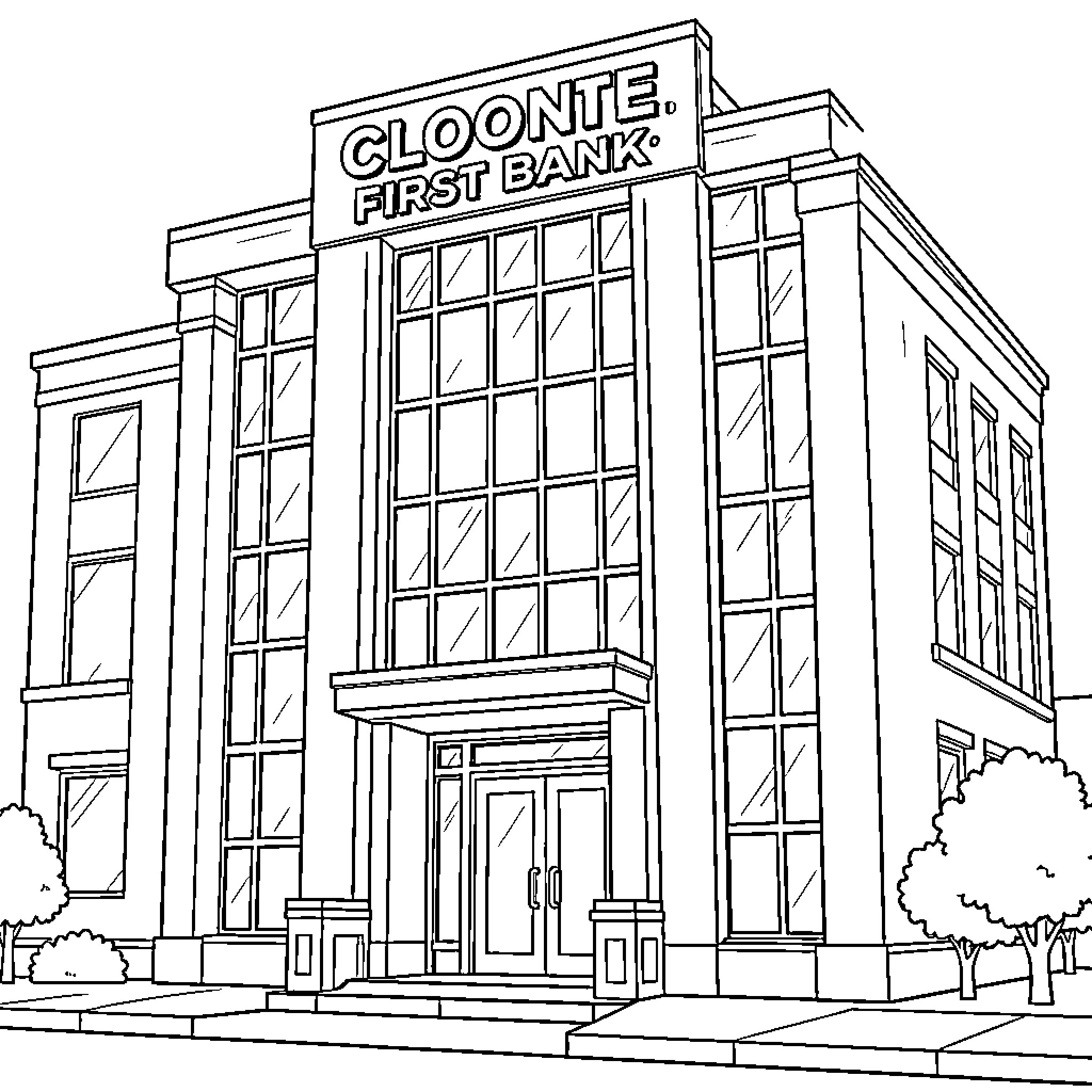 Bank building standing prominently on a city street Coloring Page (free black-and-white line drawing printable PDF for all, from beginners to advanced learners, including children, teens, adults, and seniors)