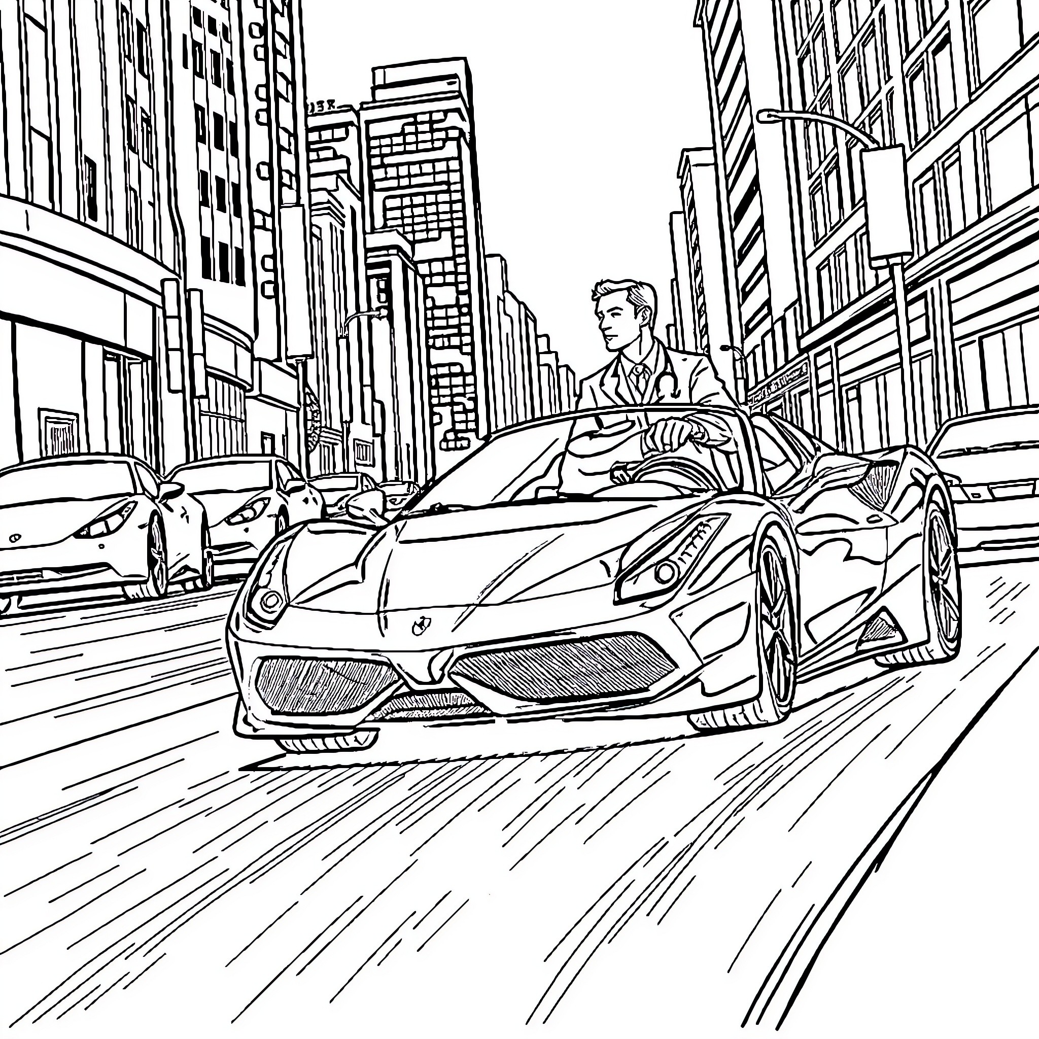 Doctor Drives Luxury Sports Car Through City Streets Coloring Page (free black-and-white line drawing printable PDF for all, from beginners to advanced learners, including children, teens, adults, and seniors)