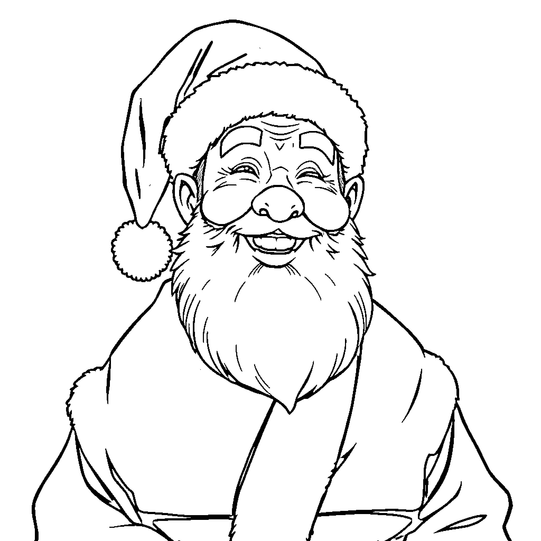 Muten Roshi Smiling in Winter Attire Coloring Page (free black-and-white line drawing printable PDF for all, from beginners to advanced learners, including children, teens, adults, and seniors)