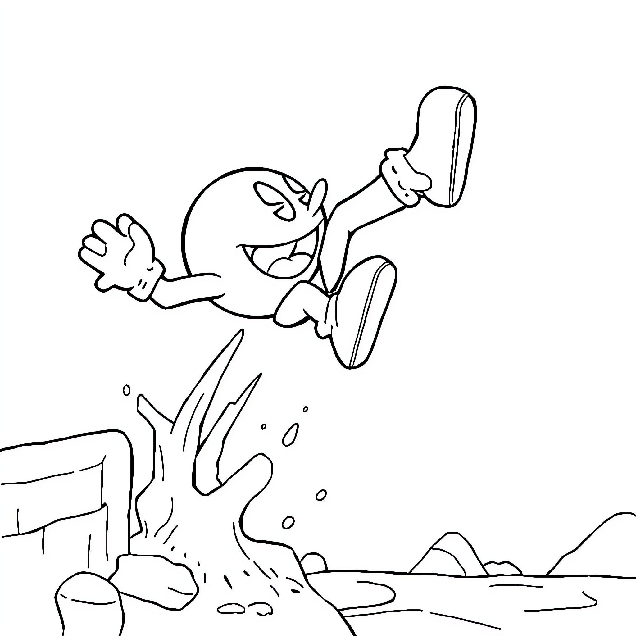 Pacman character jumping through the air Coloring Page (free black-and-white line drawing printable PDF for all, from beginners to advanced learners, including children, teens, adults, and seniors)