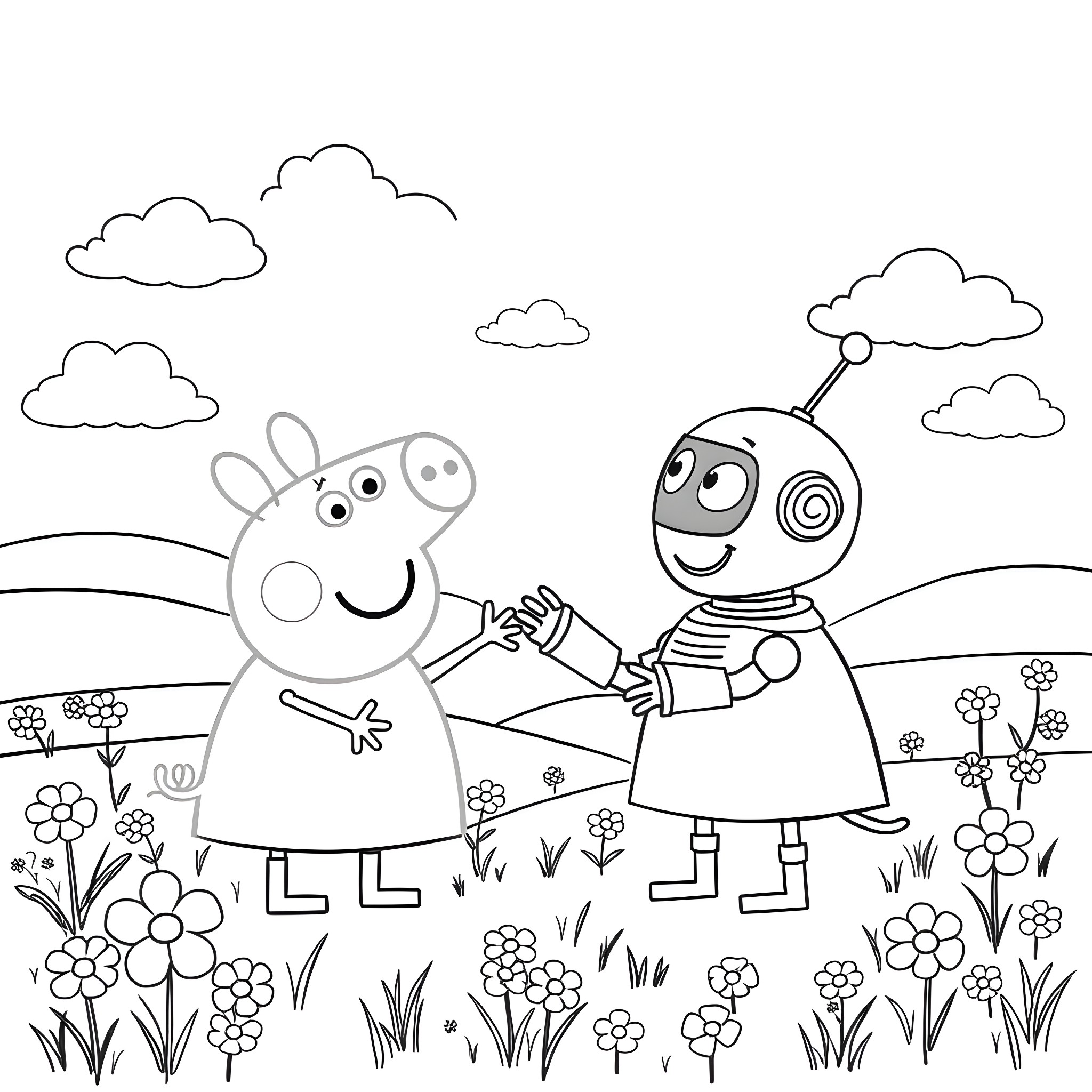 Peppa Pig and Robot Friend Enjoying Outdoors Coloring Page (free black-and-white line drawing printable PDF for all, from beginners to advanced learners, including children, teens, adults, and seniors)