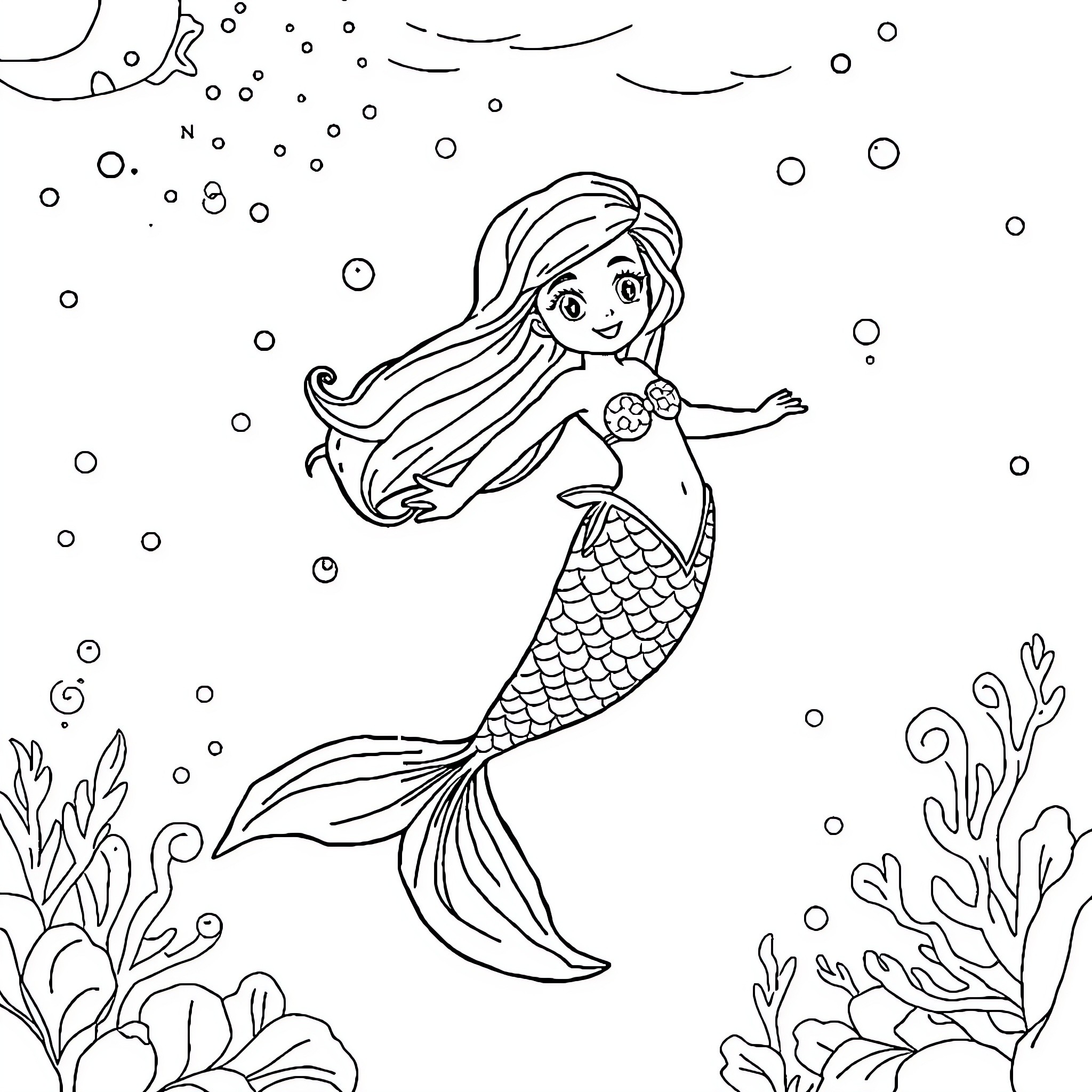Mermaid swimming joyfully in the underwater world Coloring Page (free black-and-white line drawing printable PDF for all, from beginners to advanced learners, including children, teens, adults, and seniors)