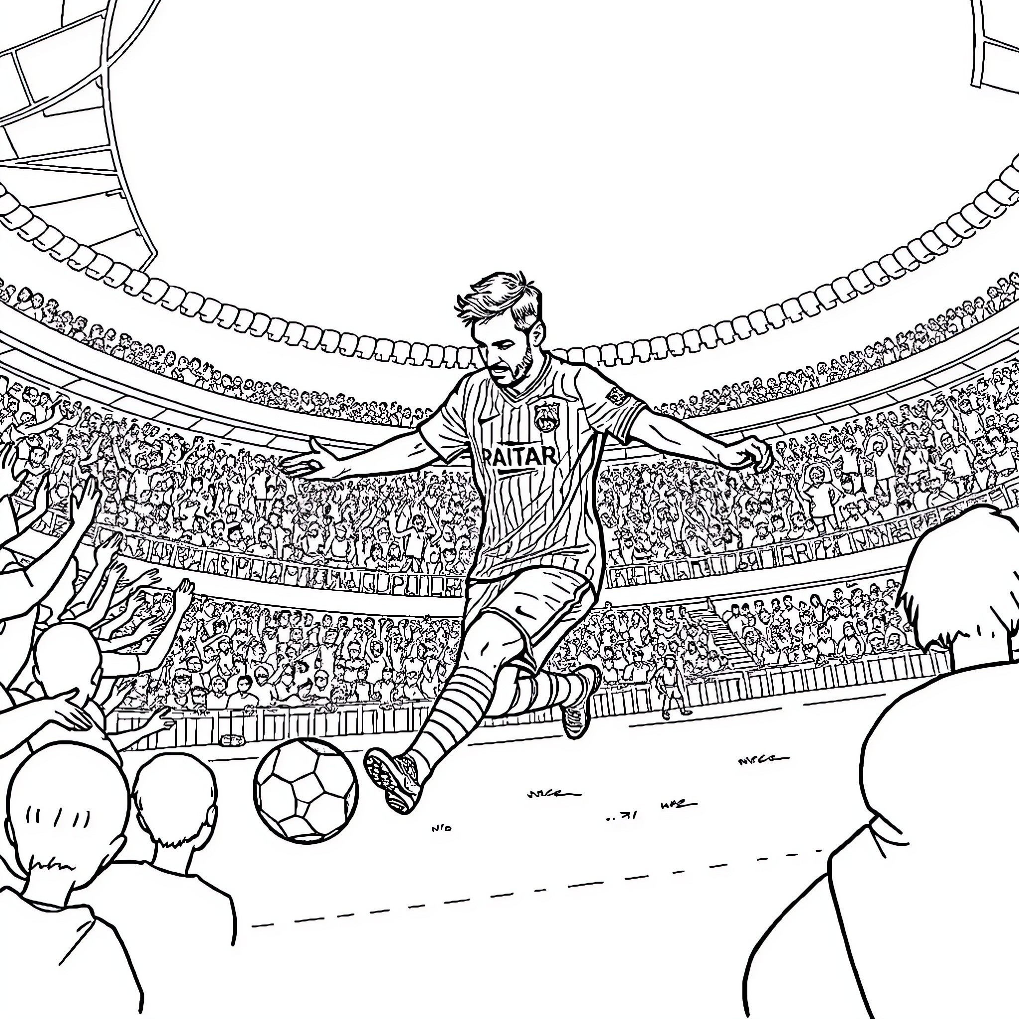 Messi celebrating football triumph on the field Coloring Page (free black-and-white line drawing printable PDF for all, from beginners to advanced learners, including children, teens, adults, and seniors)