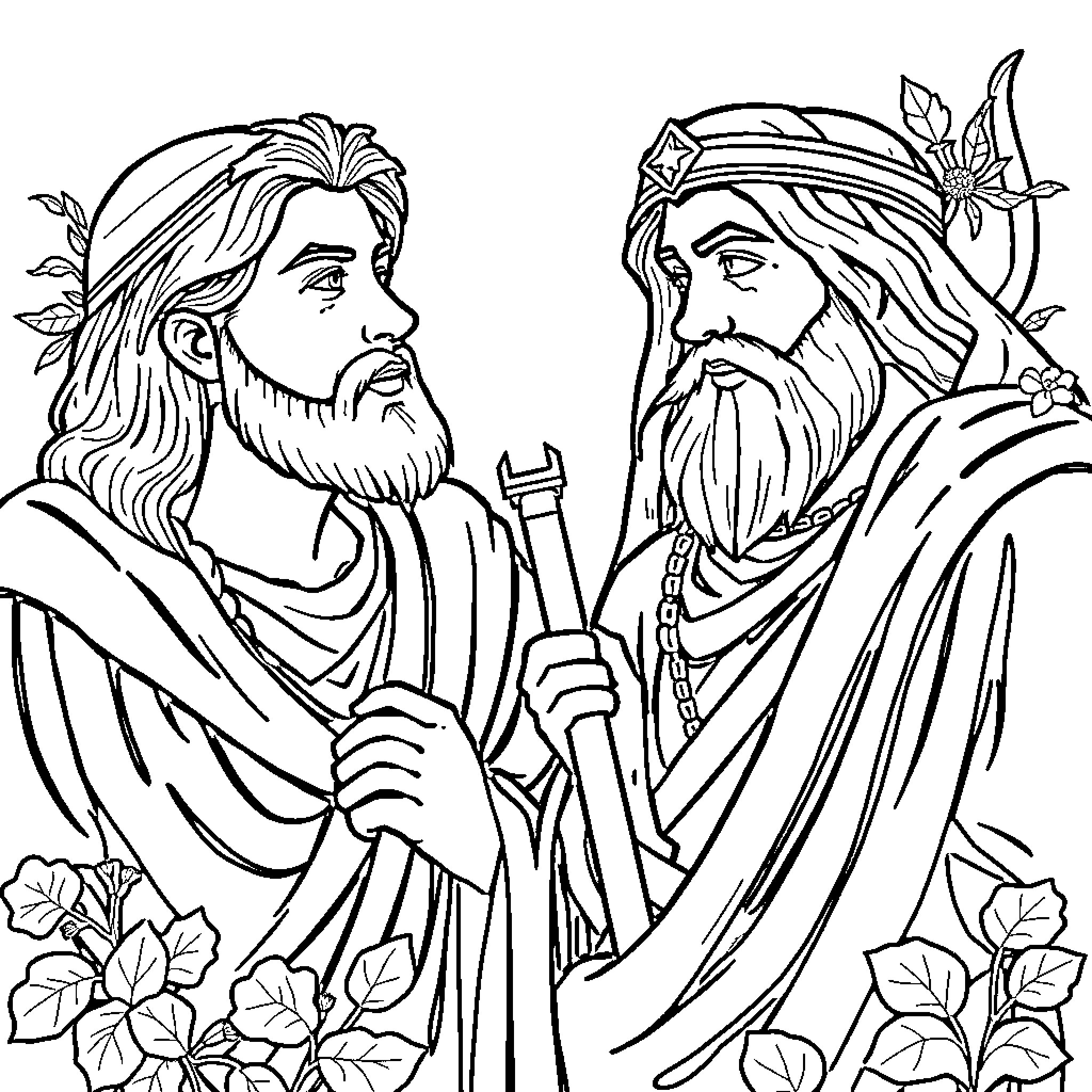 Biblical Characters Engaged in Conversation Coloring Page (free black-and-white line drawing printable PDF for all, from beginners to advanced learners, including children, teens, adults, and seniors)