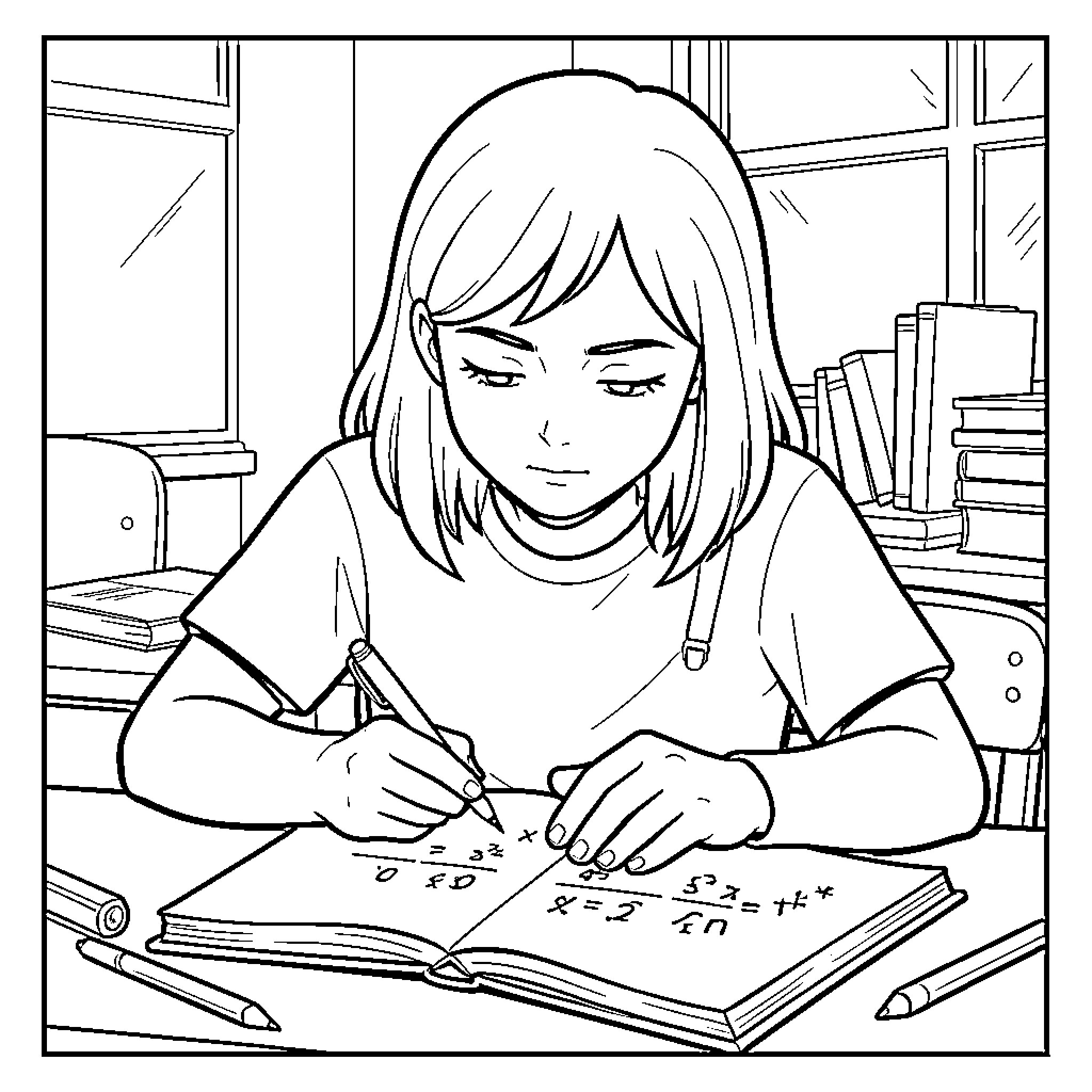 Estudiante concentrada estudiando matemáticas Coloring Page (free black-and-white line drawing printable PDF for all, from beginners to advanced learners, including children, teens, adults, and seniors)
