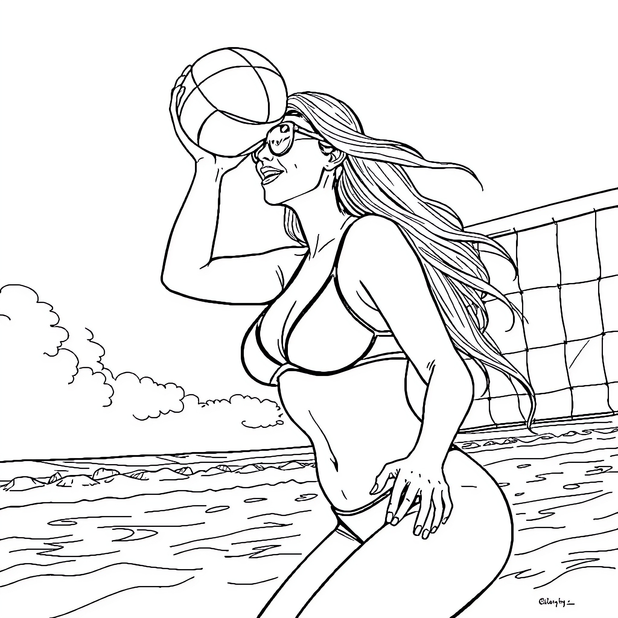 Kim Kardashian playing volleyball on the beach Coloring Page (free black-and-white line drawing printable PDF for all, from beginners to advanced learners, including children, teens, adults, and seniors)
