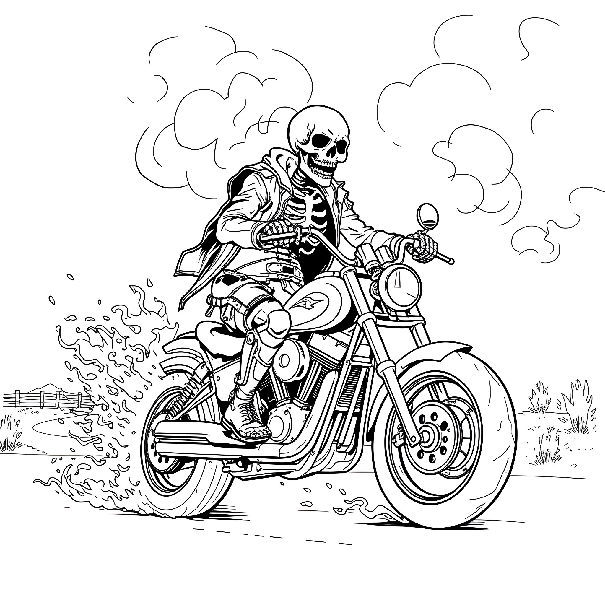 Skeleton riding a motorcycle in the countryside Coloring Page (free black-and-white line drawing printable PDF for all, from beginners to advanced learners, including children, teens, adults, and seniors)