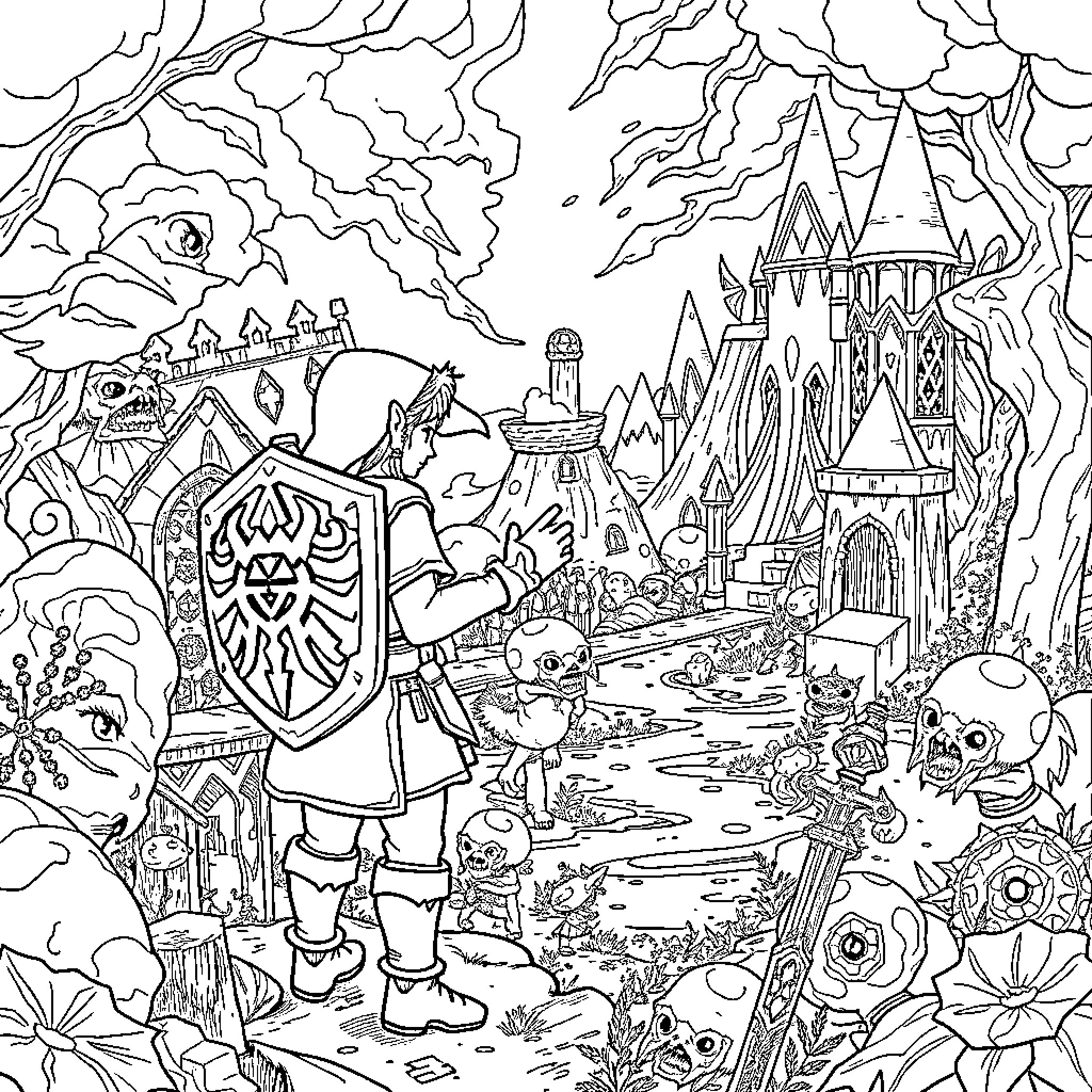Legend of Zelda: Link's Adventure Through a Fantastical World Coloring Page (free black-and-white line drawing printable PDF for all, from beginners to advanced learners, including children, teens, adults, and seniors)