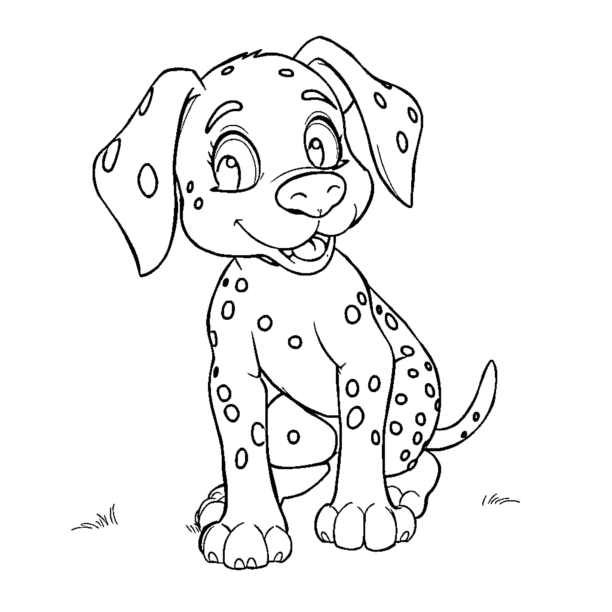 Dalmatian puppy in a playful mood Coloring Page (free black-and-white line drawing printable PDF for all, from beginners to advanced learners, including children, teens, adults, and seniors)