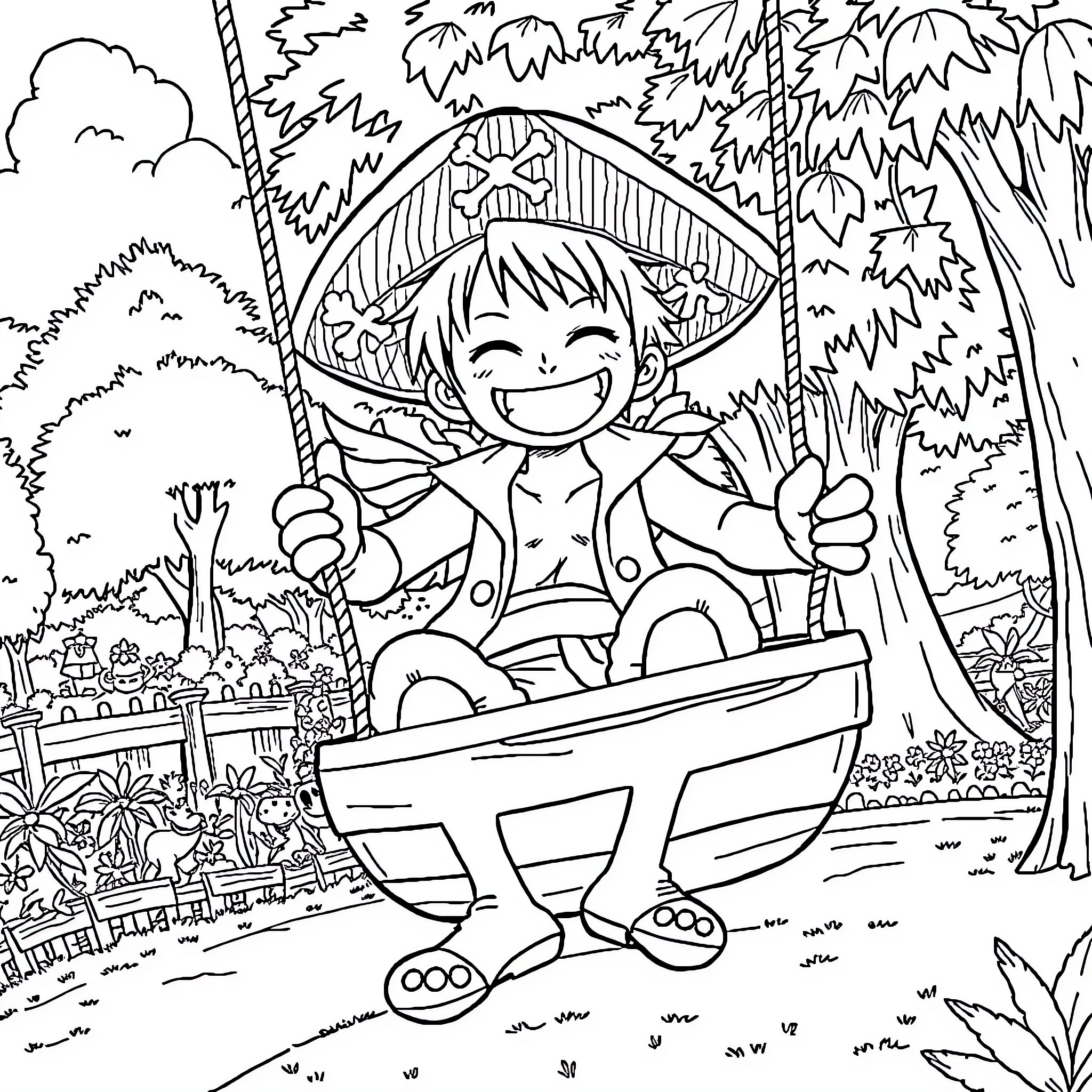 Luffy's Adventurous Journey in the Lush Wilderness Coloring Page (free black-and-white line drawing printable PDF for all, from beginners to advanced learners, including children, teens, adults, and seniors)