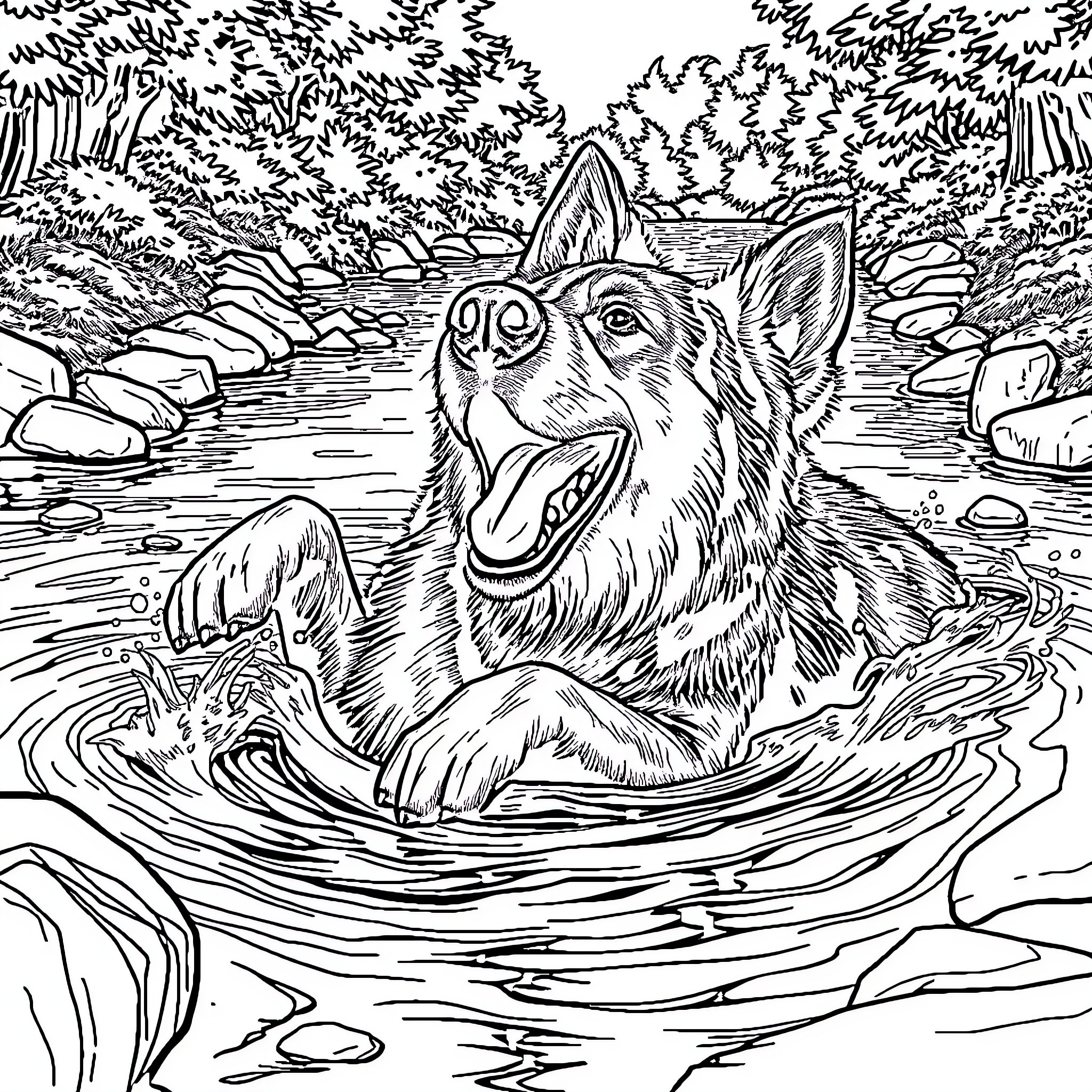 German Shepherd Swimming Happily in the Forest Stream Coloring Page (free black-and-white line drawing printable PDF for all, from beginners to advanced learners, including children, teens, adults, and seniors)