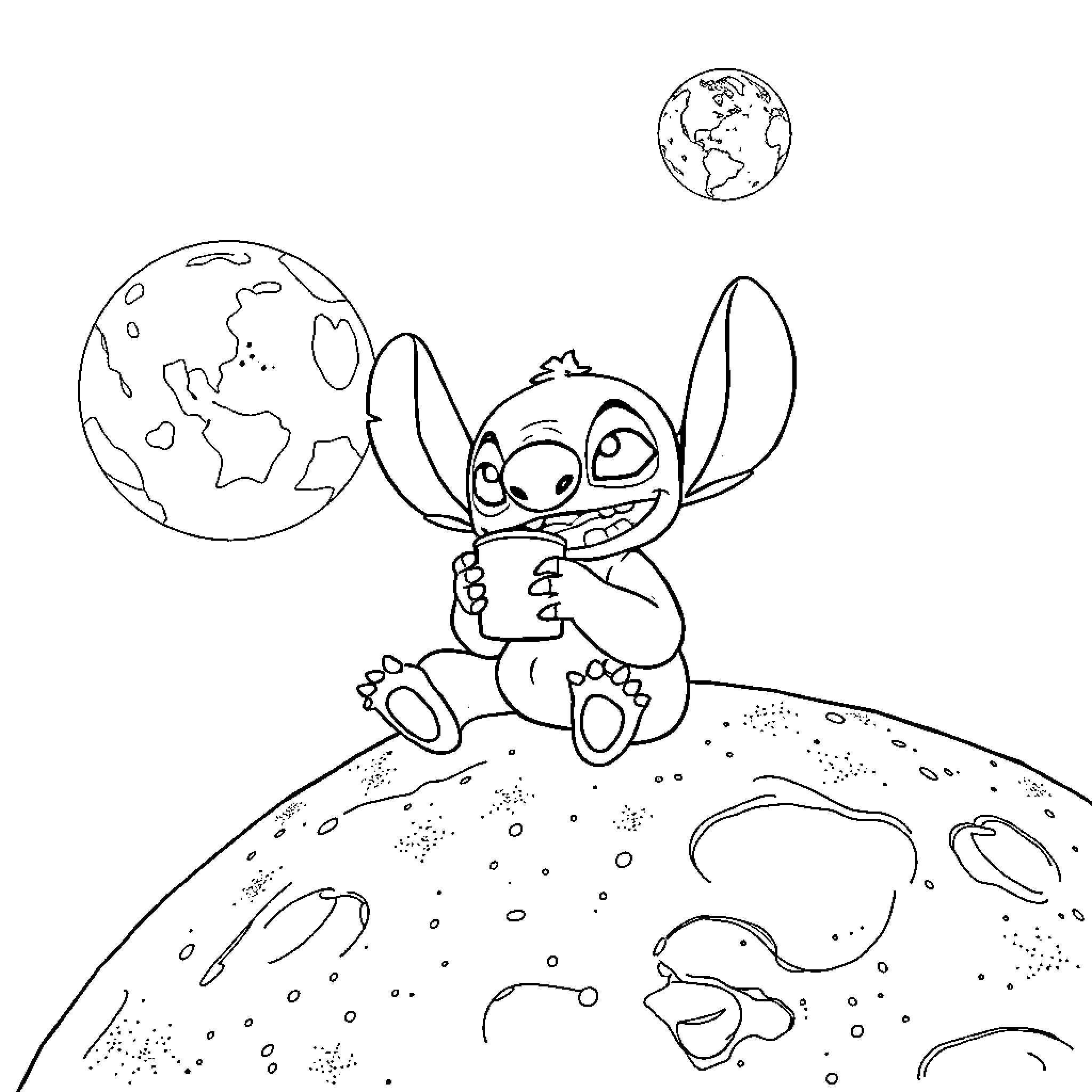 Stitch exploring the cosmos from a distant planet Coloring Page (free black-and-white line drawing printable PDF for all, from beginners to advanced learners, including children, teens, adults, and seniors)