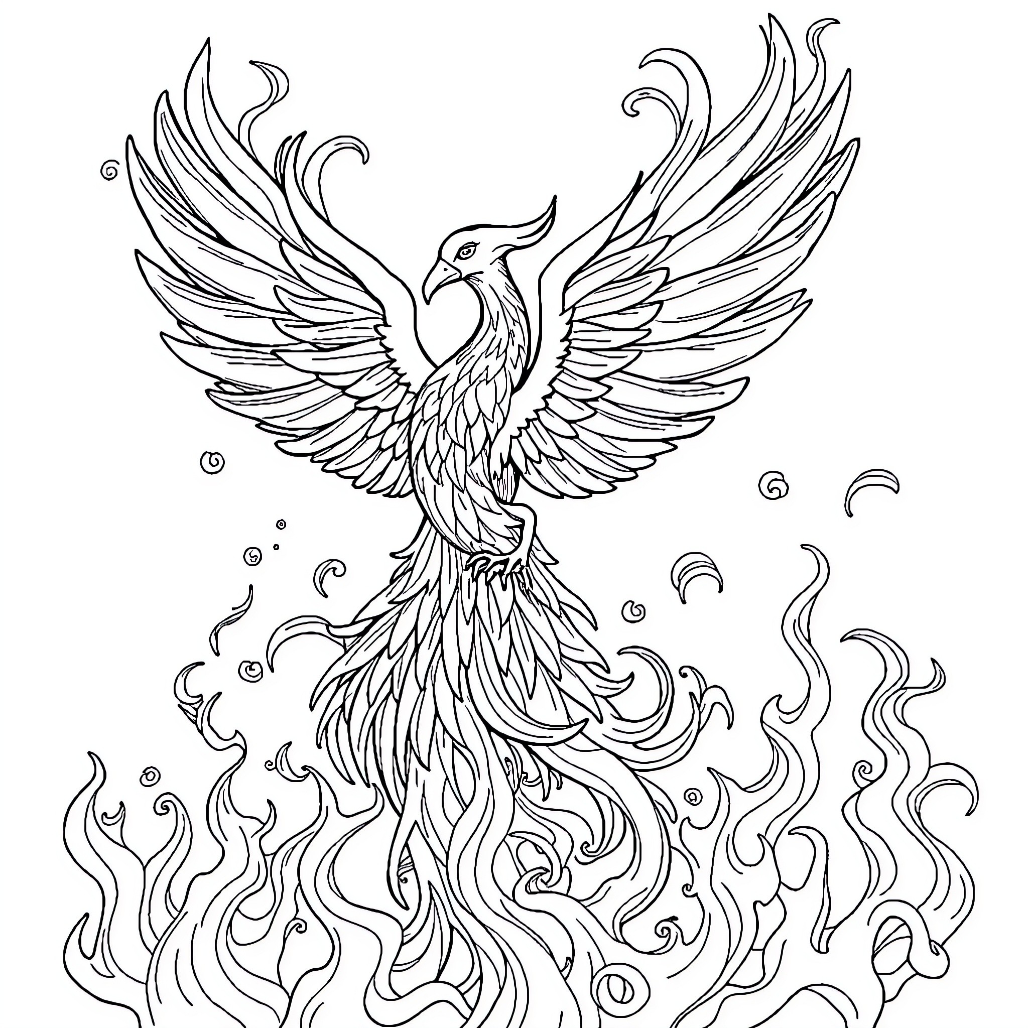 Phoenix rising with wings spread in a fiery display Coloring Page (free black-and-white line drawing printable PDF for all, from beginners to advanced learners, including children, teens, adults, and seniors)
