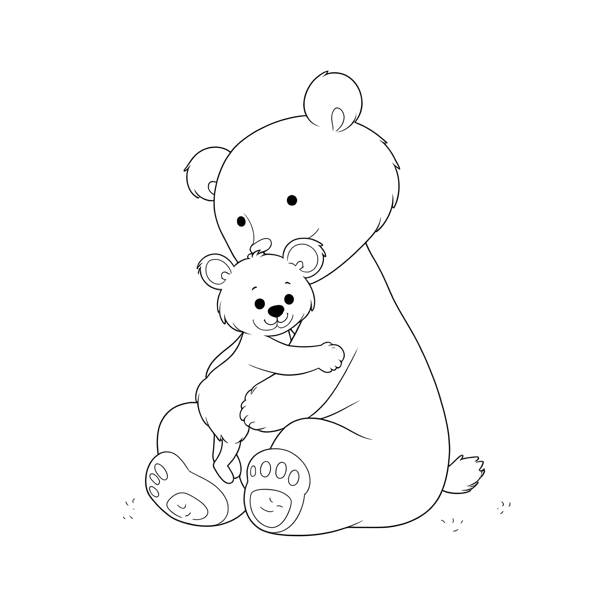 Bear Hugging Baby Bear in Embrace Coloring Page (free black-and-white line drawing printable PDF for all, from beginners to advanced learners, including children, teens, adults, and seniors)