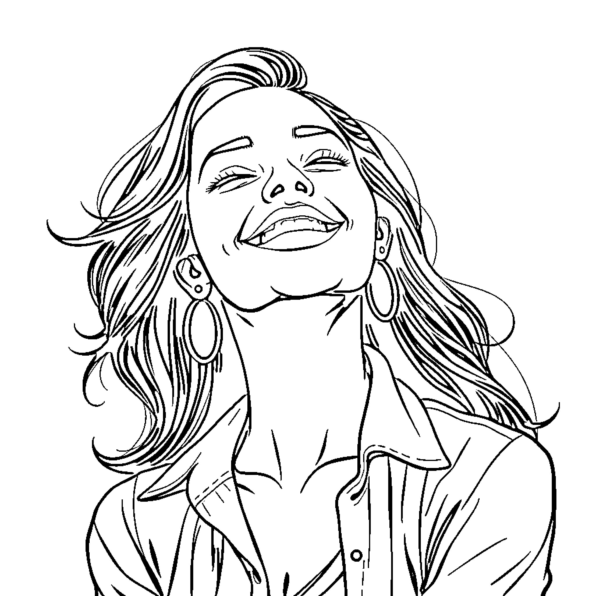 Woman with joyful expression and flowing hair Coloring Page (free black-and-white line drawing printable PDF for all, from beginners to advanced learners, including children, teens, adults, and seniors)