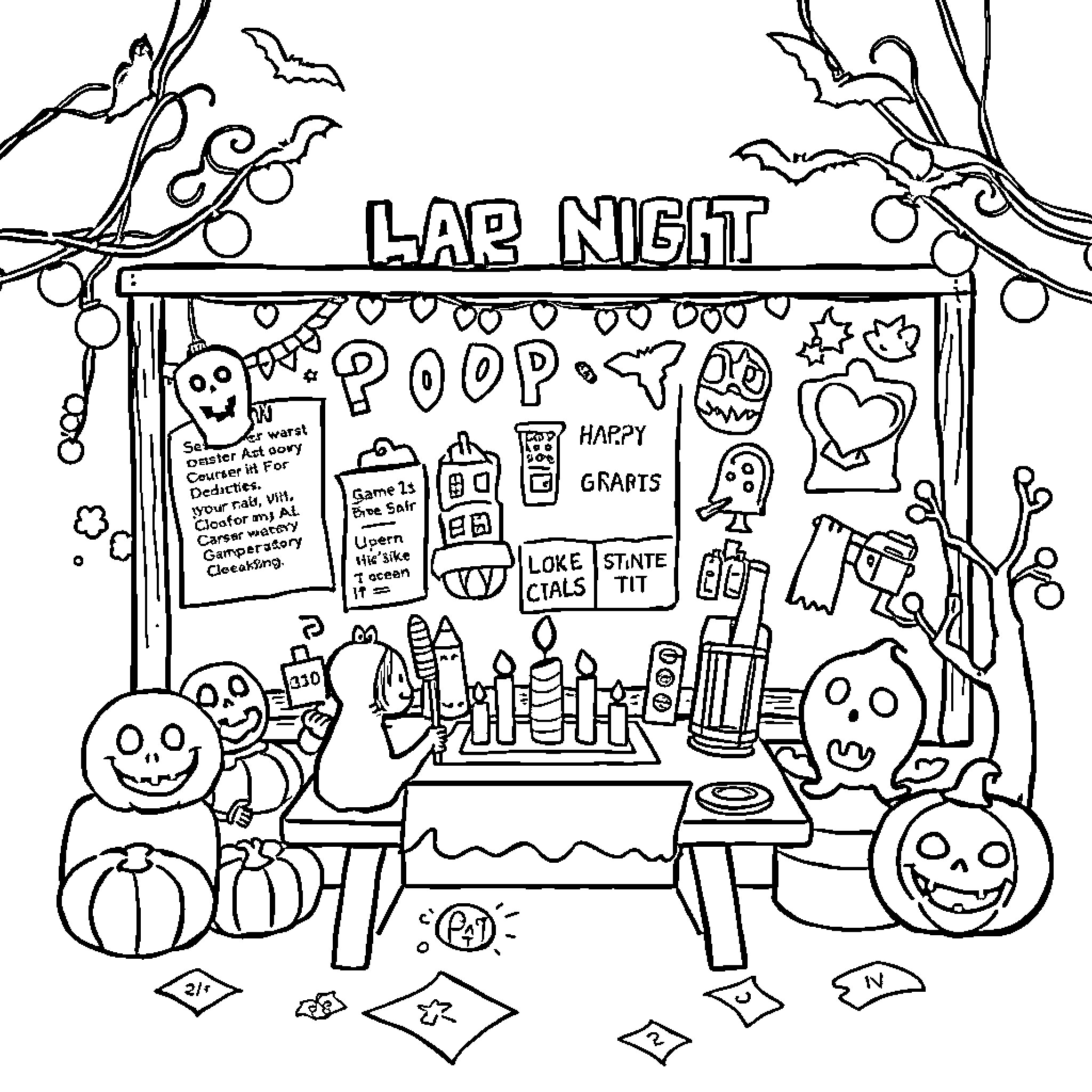 Game Night with Spooky Decorations and Snacks Coloring Page (free black-and-white line drawing printable PDF for all, from beginners to advanced learners, including children, teens, adults, and seniors)