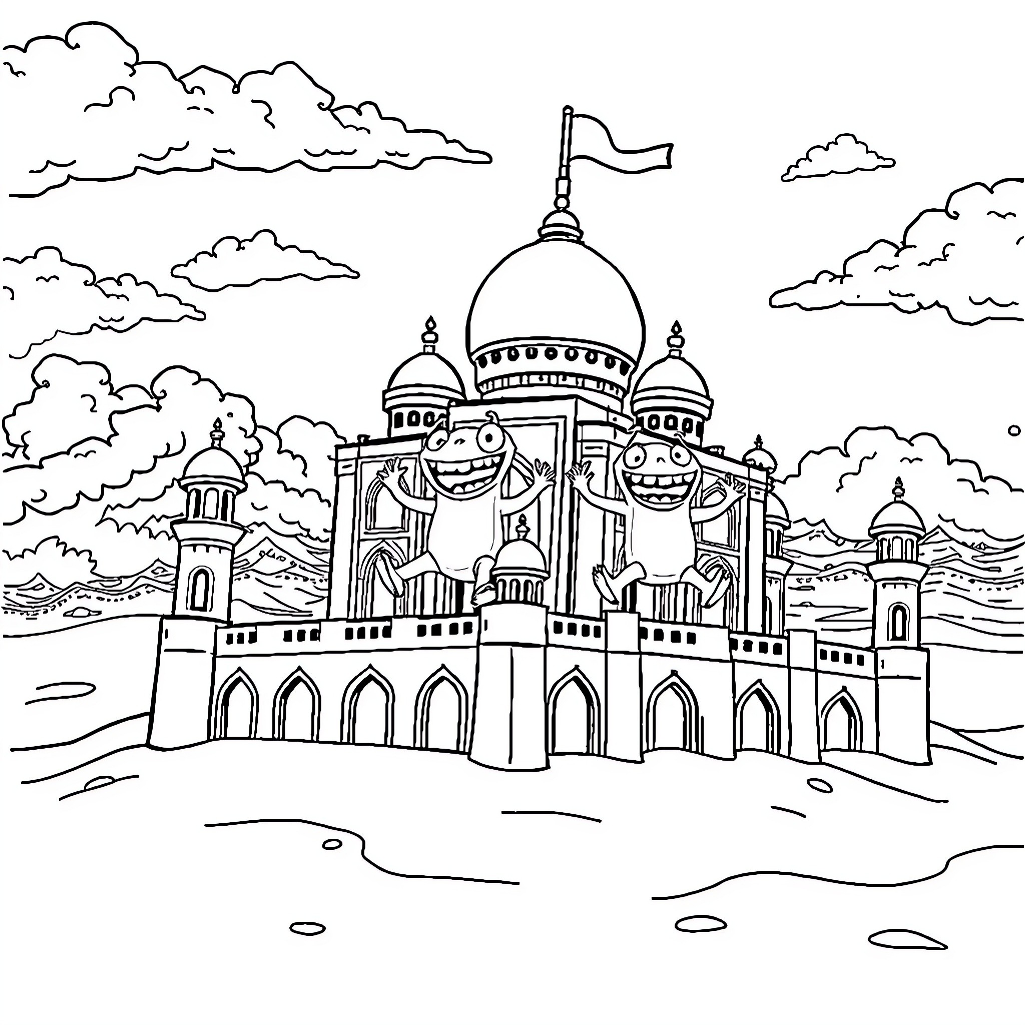 Monster-like figures atop a grand architectural structure Coloring Page (free black-and-white line drawing printable PDF for all, from beginners to advanced learners, including children, teens, adults, and seniors)