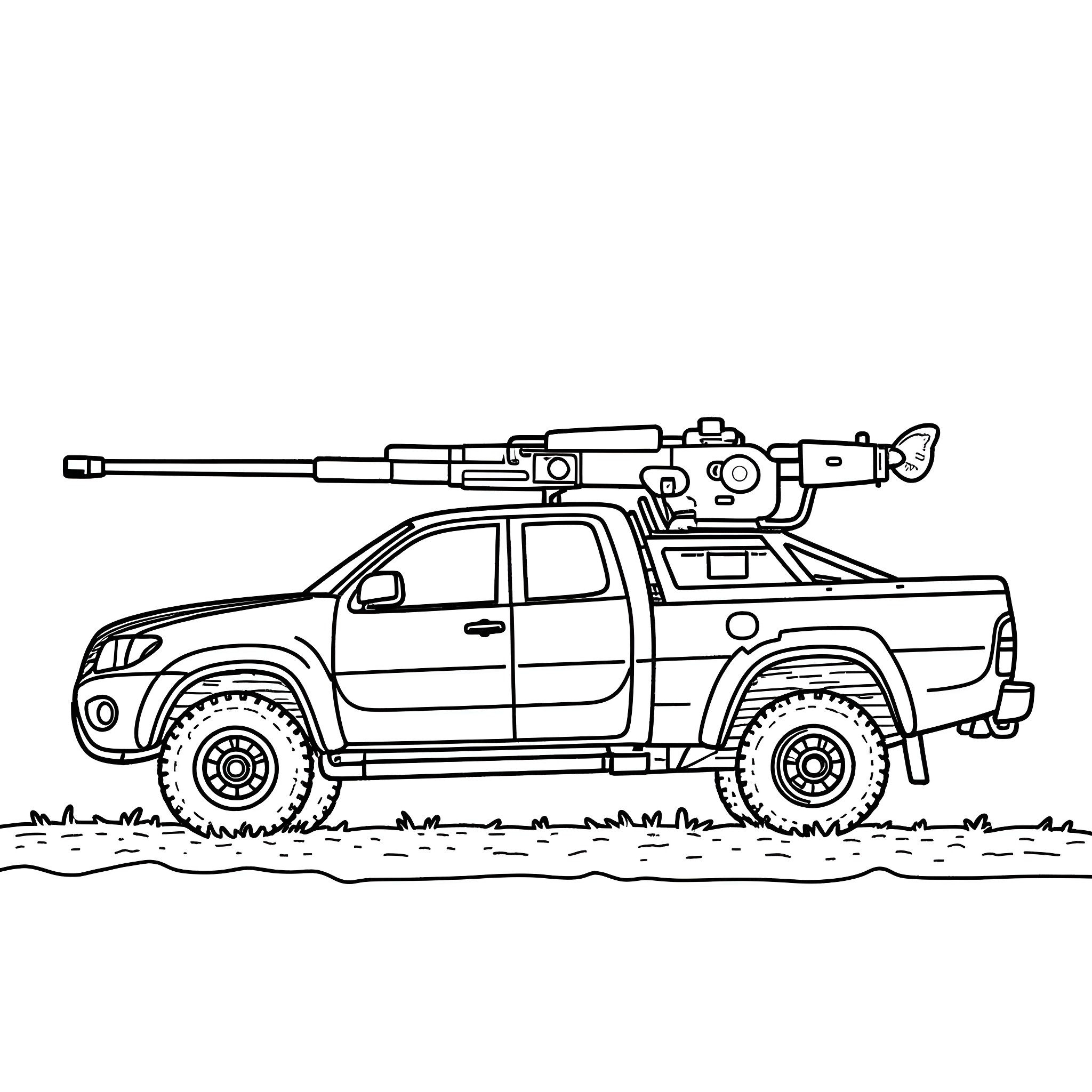 Toyota pickup truck with mounted weapon Coloring Page (free black-and-white line drawing printable PDF for all, from beginners to advanced learners, including children, teens, adults, and seniors)