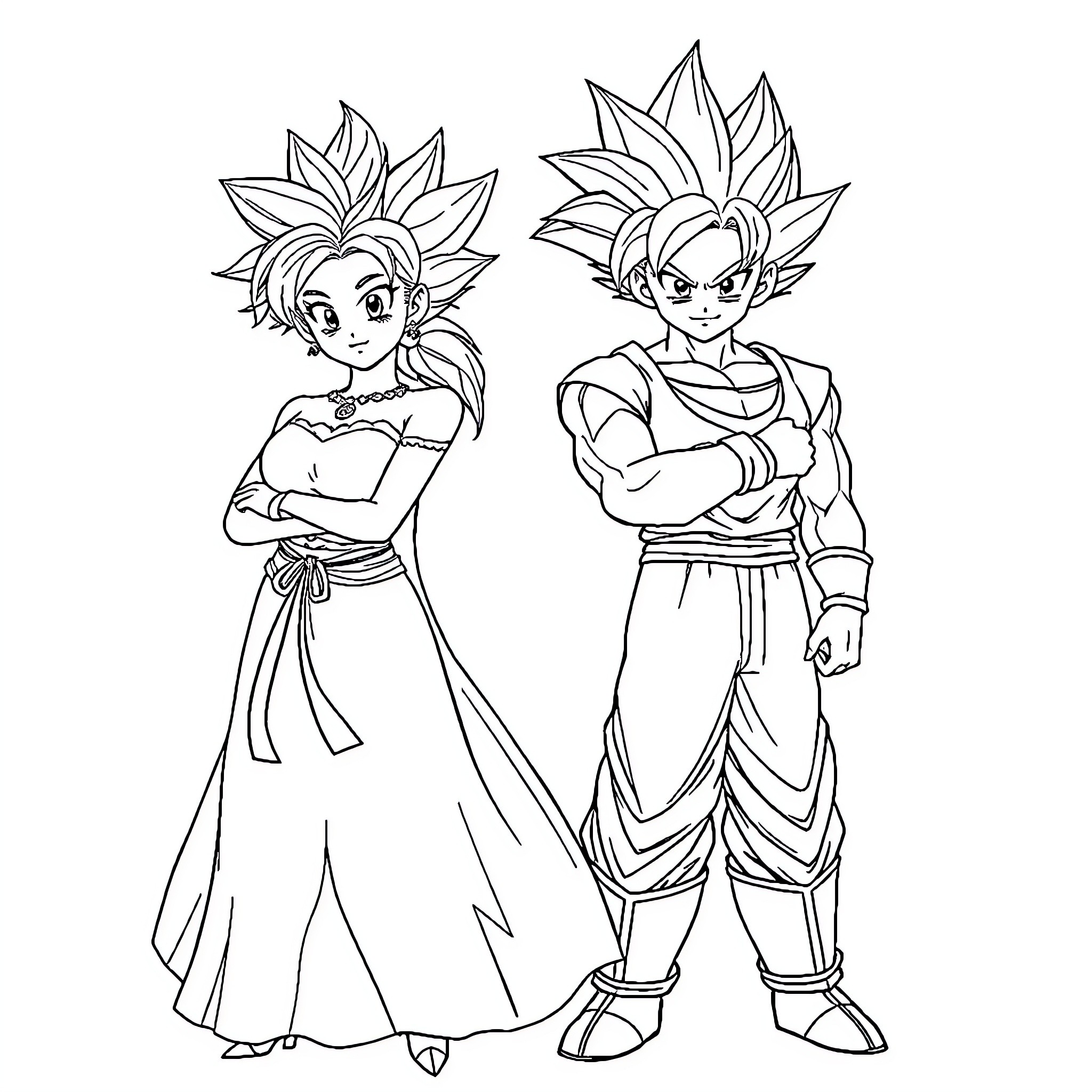 Elsa and Goku in Anime Attire Coloring Page (free black-and-white line drawing printable PDF for all, from beginners to advanced learners, including children, teens, adults, and seniors)