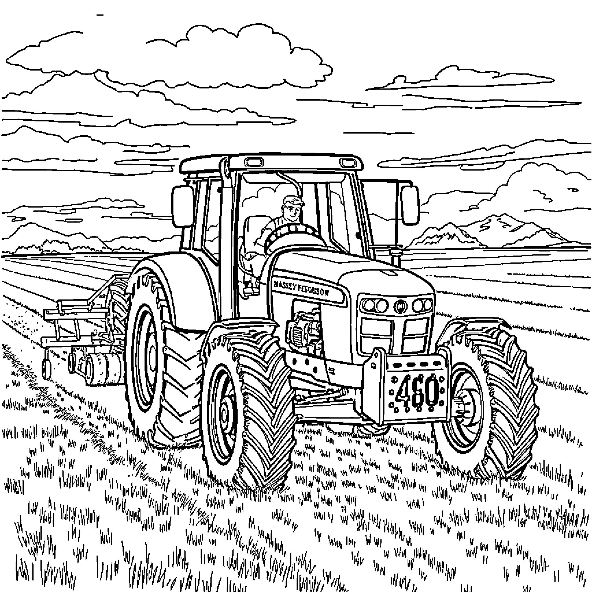 Tractor plowing field in rural landscape Coloring Page (free black-and-white line drawing printable PDF for all, from beginners to advanced learners, including children, teens, adults, and seniors)
