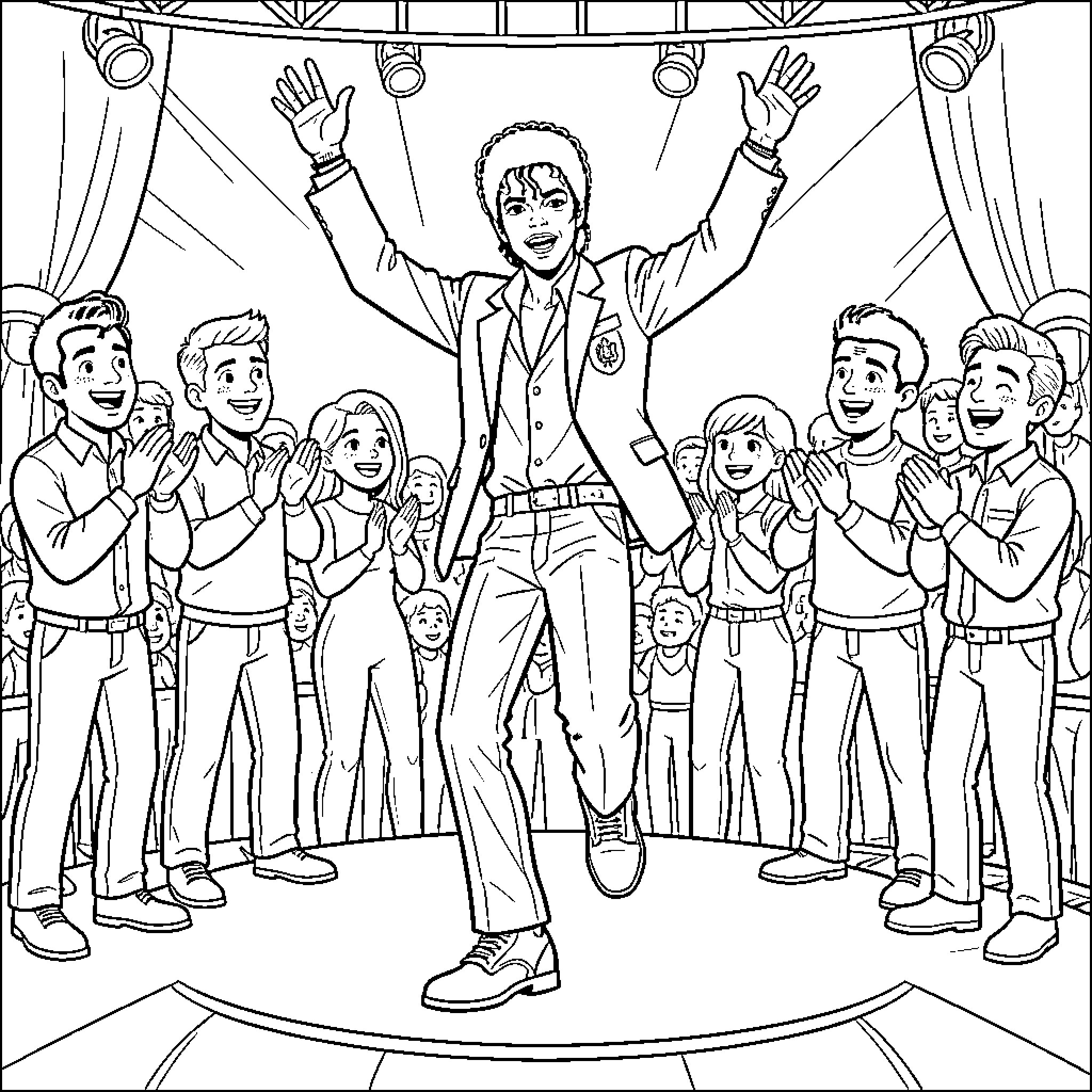 Michael Jackson performing on stage with cheering fans Coloring Page (free black-and-white line drawing printable PDF for all, from beginners to advanced learners, including children, teens, adults, and seniors)