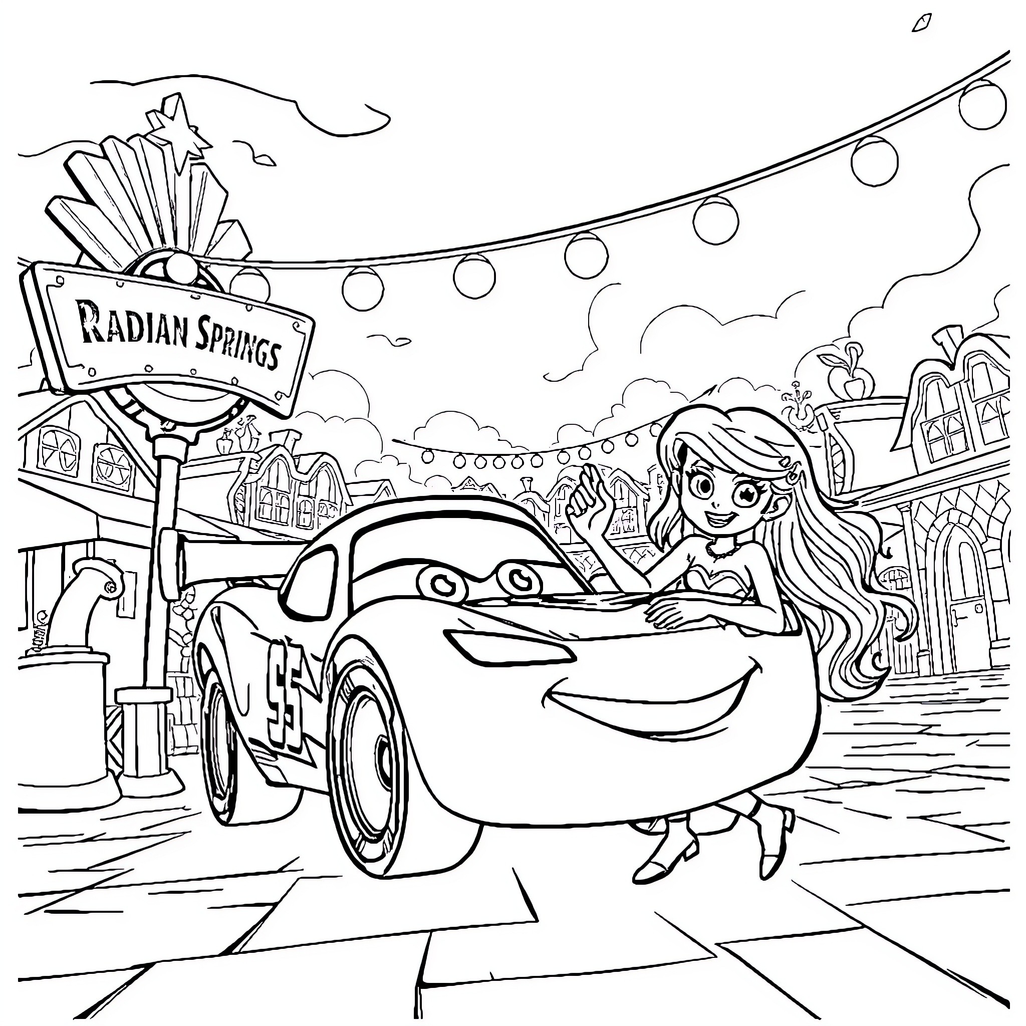 Lightning McQueen enjoys the carnival with a friend Coloring Page (free black-and-white line drawing printable PDF for all, from beginners to advanced learners, including children, teens, adults, and seniors)