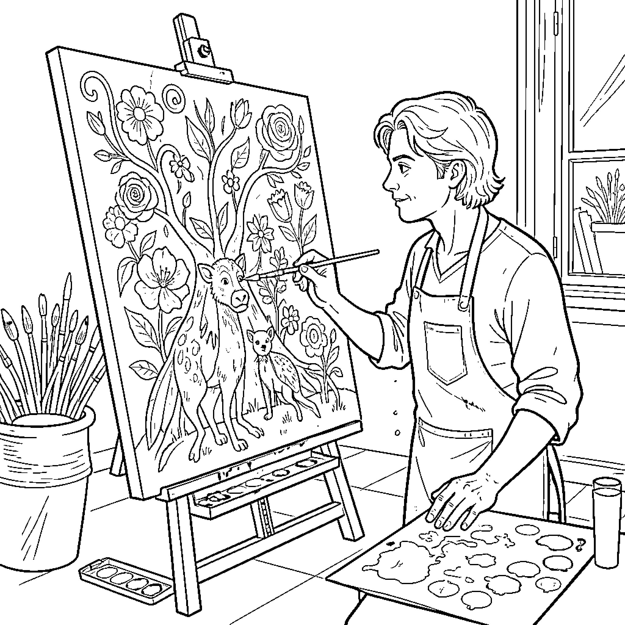 Adult artist painting floral artwork in studio Coloring Page (free black-and-white line drawing printable PDF for all, from beginners to advanced learners, including children, teens, adults, and seniors)