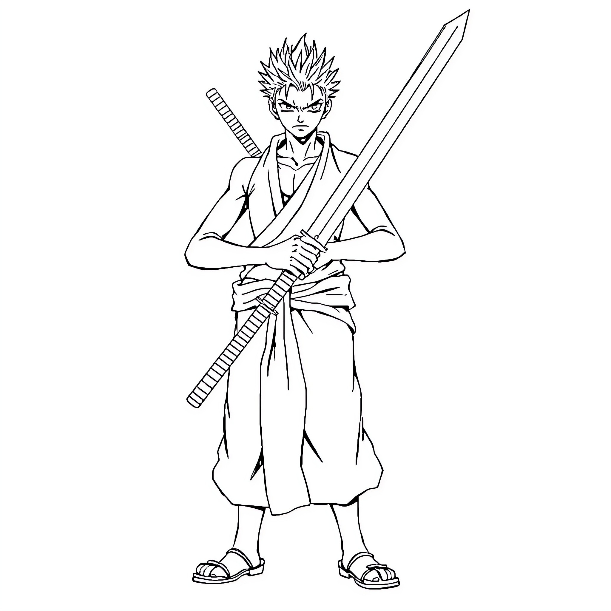 Zoro wielding swords with determined expression Coloring Page (free black-and-white line drawing printable PDF for all, from beginners to advanced learners, including children, teens, adults, and seniors)