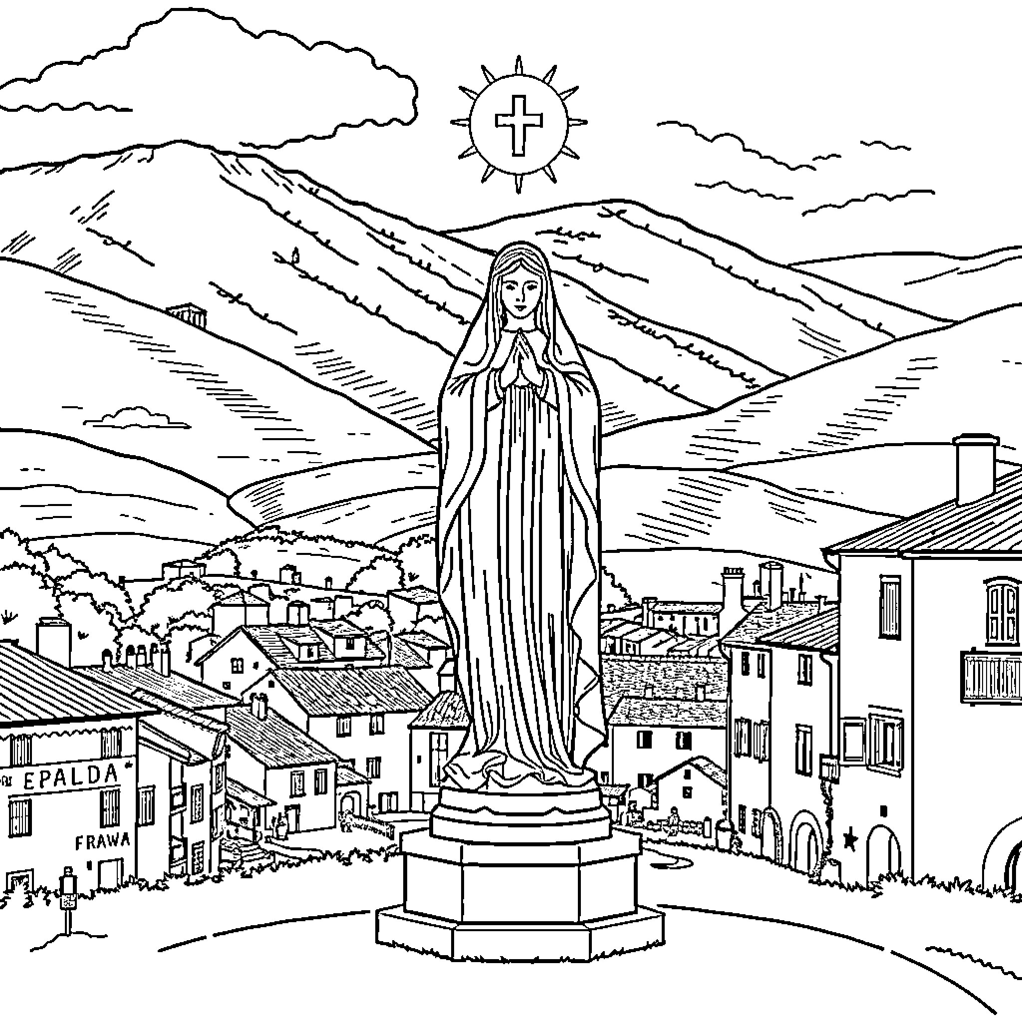 Virgin's Serene Presence in the Mountain Landscape Coloring Page (free black-and-white line drawing printable PDF for all, from beginners to advanced learners, including children, teens, adults, and seniors)