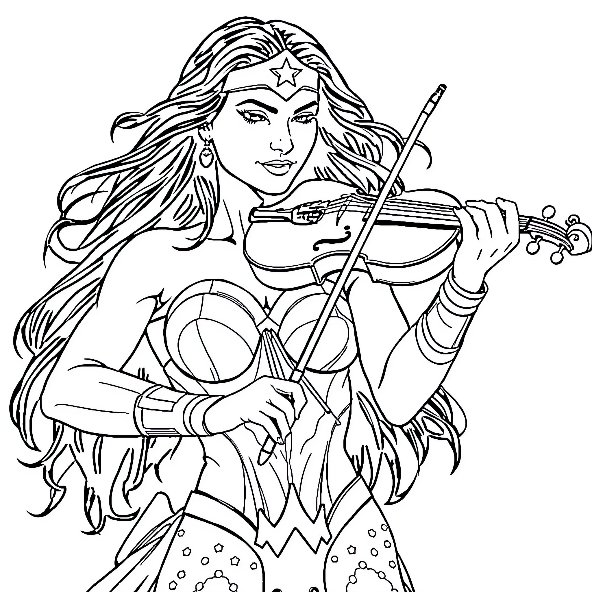 Wonder Woman playing a violin heroically Coloring Page (free black-and-white line drawing printable PDF for all, from beginners to advanced learners, including children, teens, adults, and seniors)