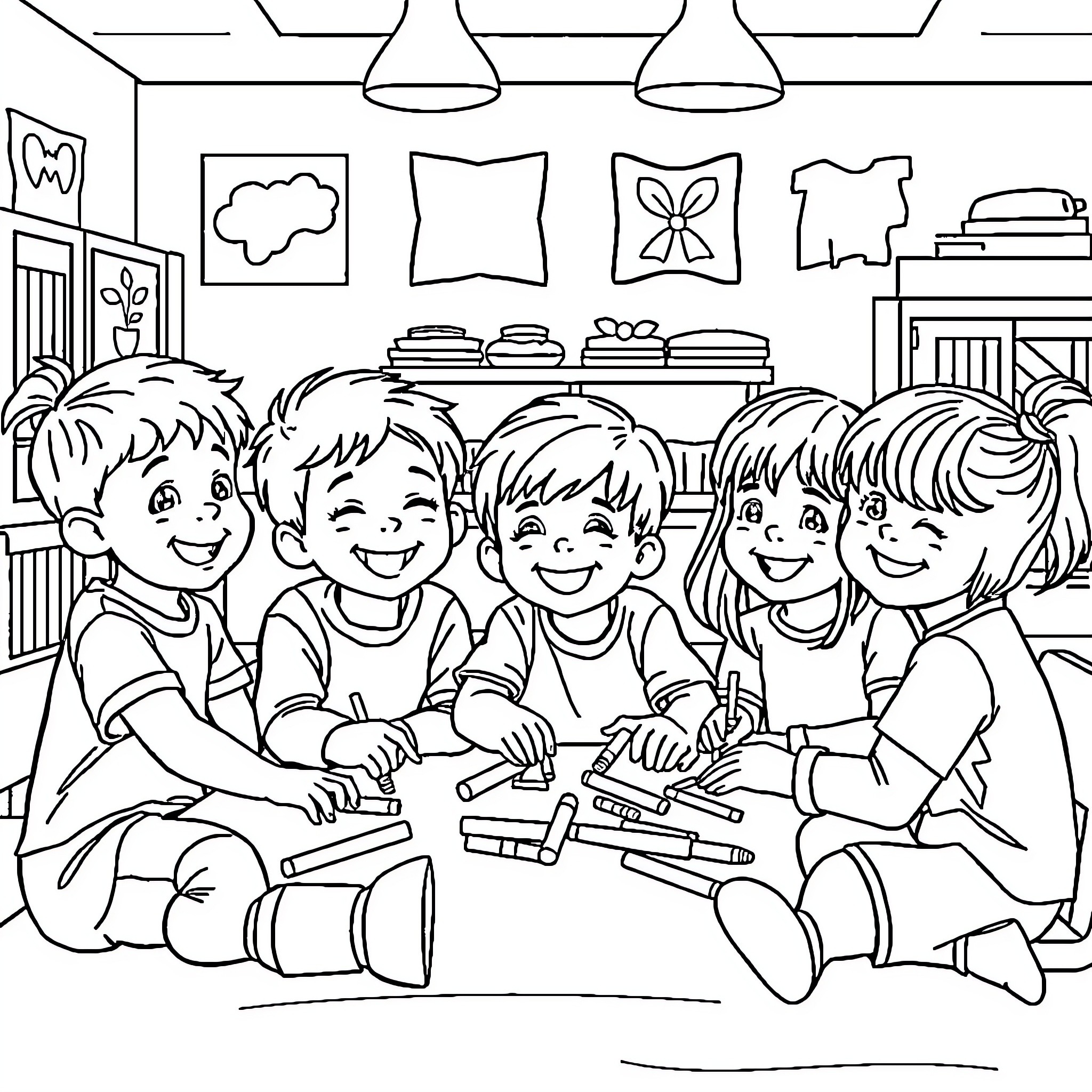 Kindergartners happily coloring and drawing in their classroom Coloring Page (free black-and-white line drawing printable PDF for all, from beginners to advanced learners, including children, teens, adults, and seniors)